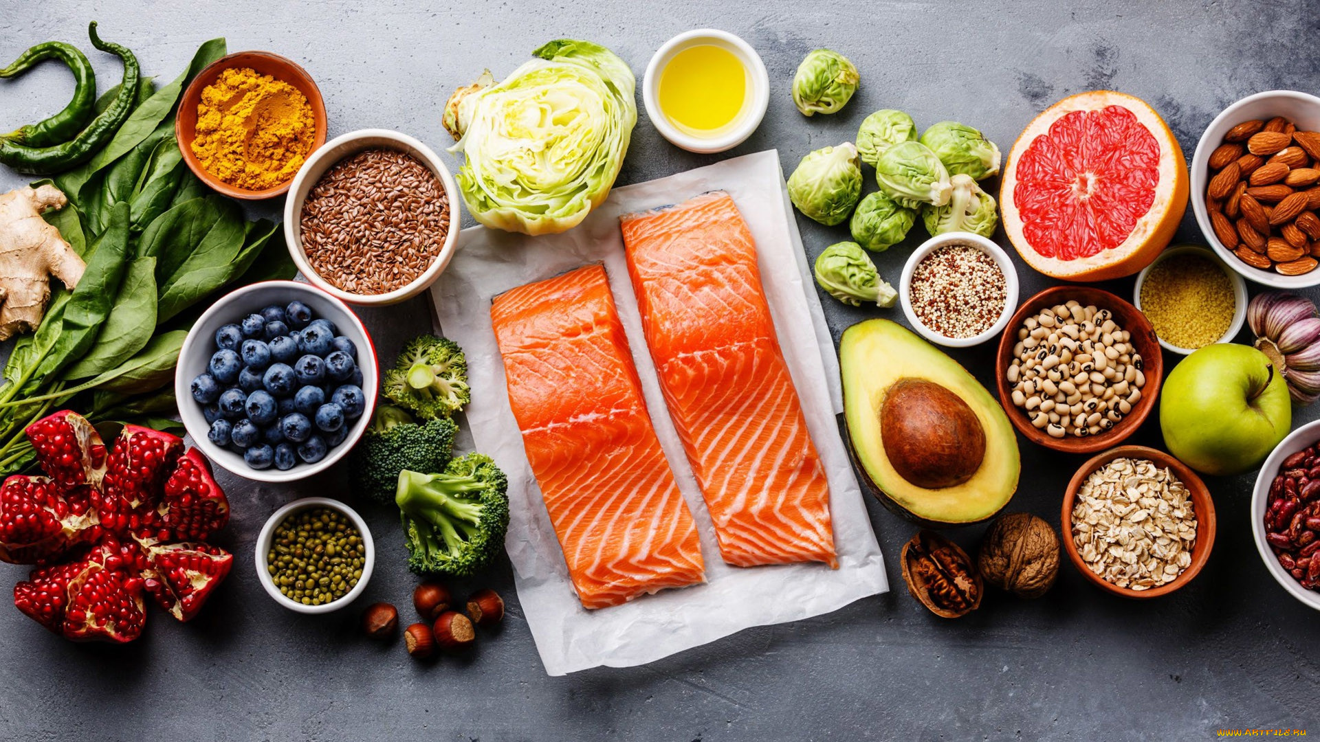 еда, разное, рыба, зерна, овощи