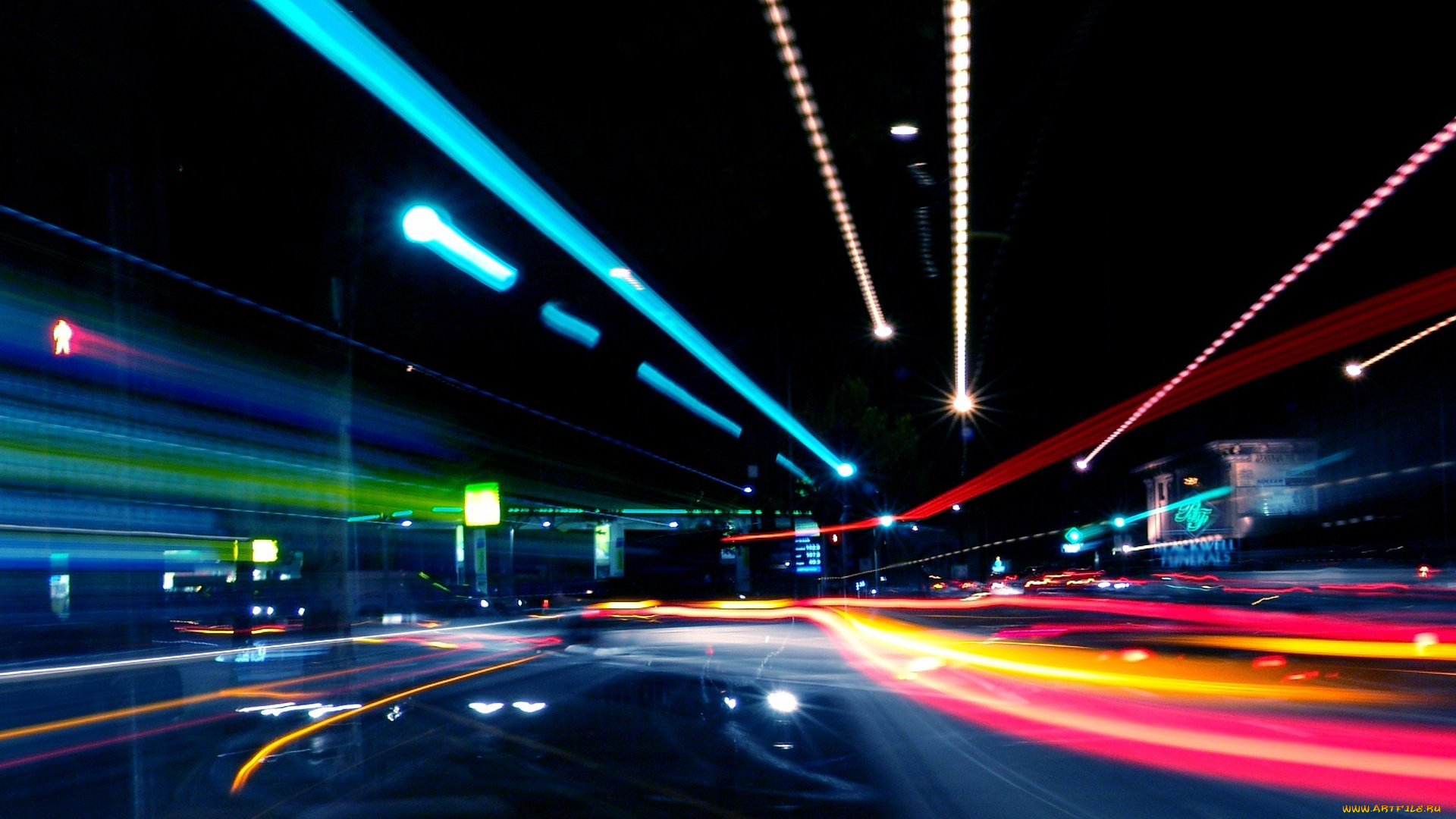 города, -, огни, ночного, города, дорога, движение, ночь, огни