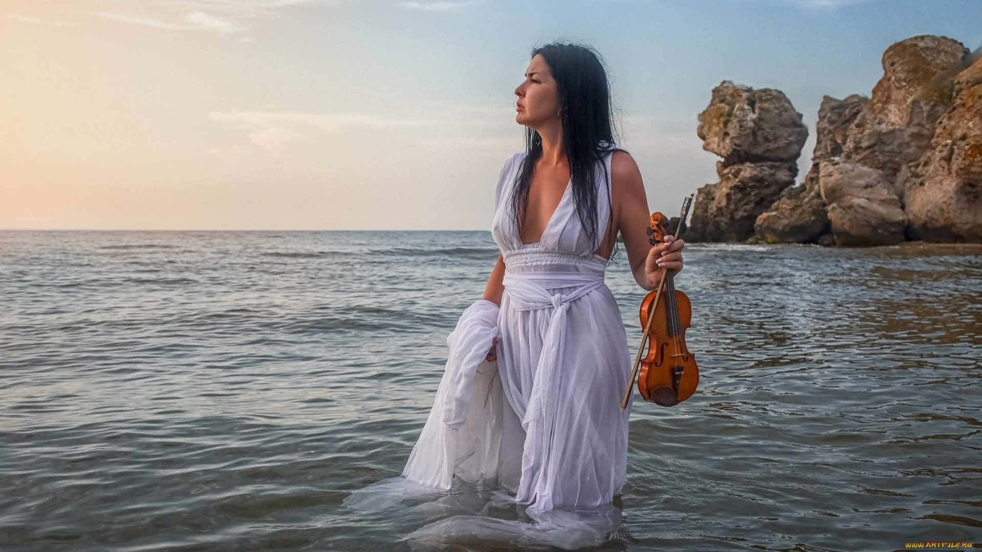 музыка, -другое, море, скрипка, фон, взгляд, девушка