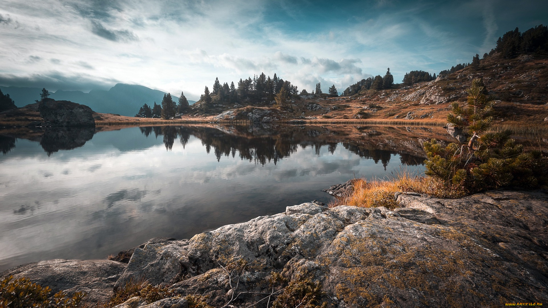 природа, пейзажи, осень, утро, горное, озеро, восход, солнца, горный, пейзаж