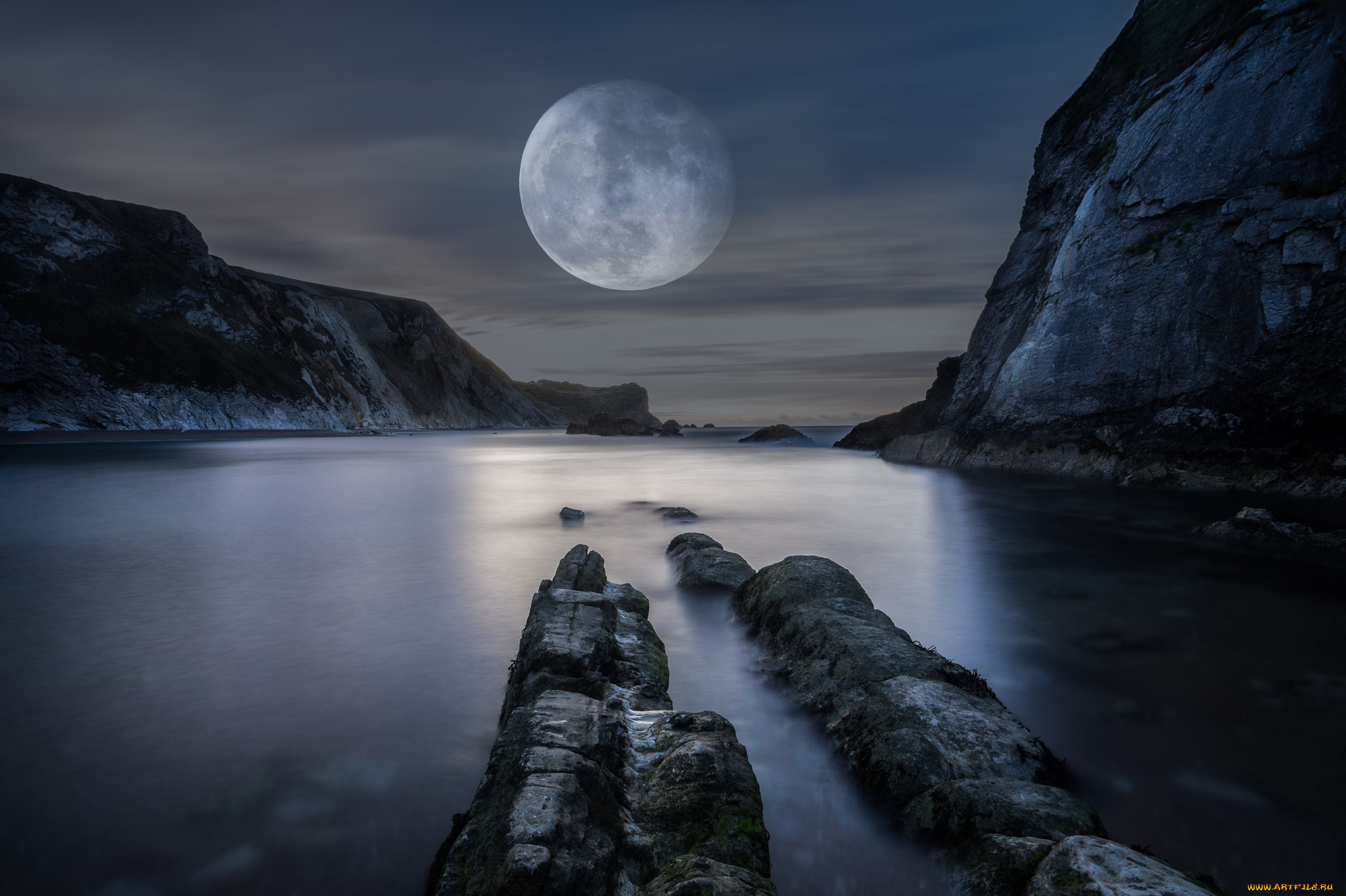 космос, луна, горы, море, огромная, берег, скалы, ночь, водоем, полнолуние