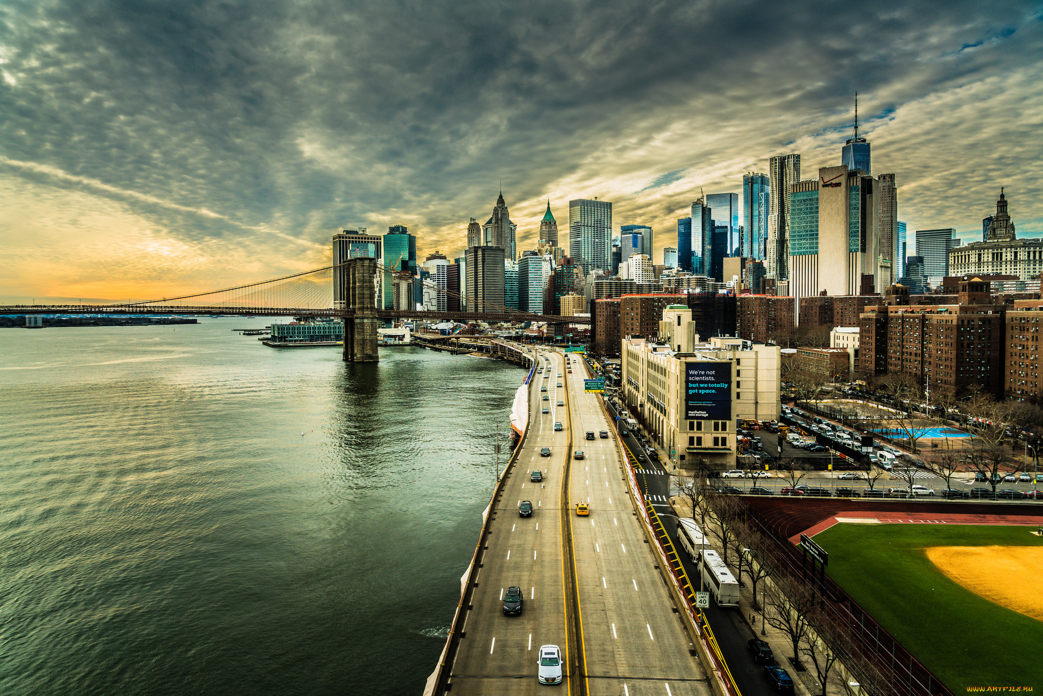 downtown, manhattan, and, the, hudson, river, города, нью-йорк, , сша, простор