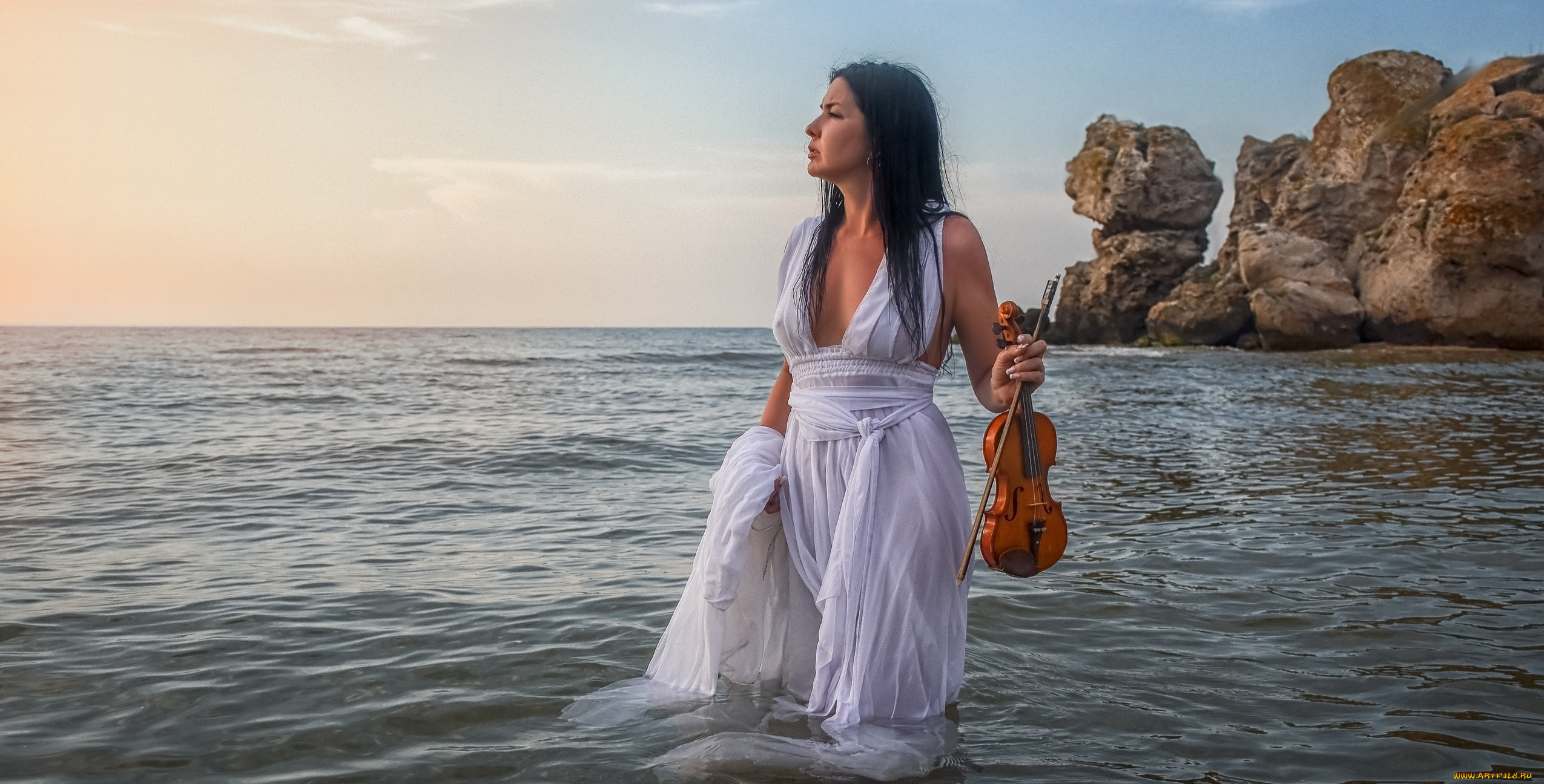 музыка, -другое, море, скрипка, фон, взгляд, девушка