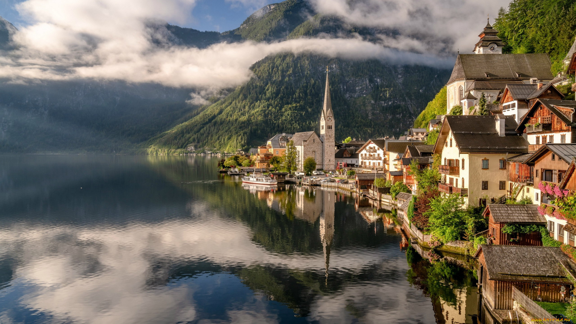 города, гальштат, , австрия, горы, озеро, отражение