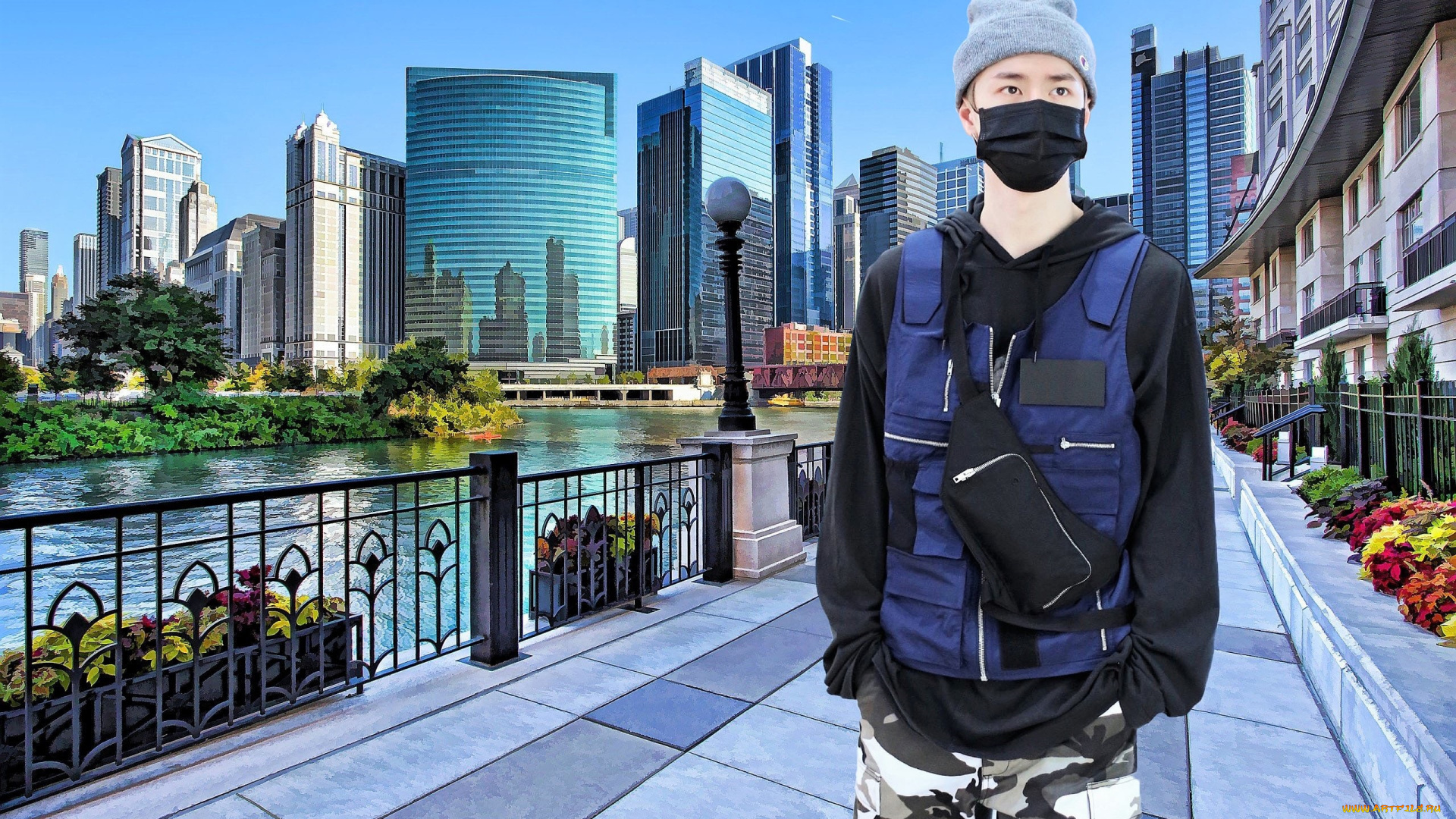 мужчины, wang, yi, bo, актер, певец, город, шапка, маска, жилет