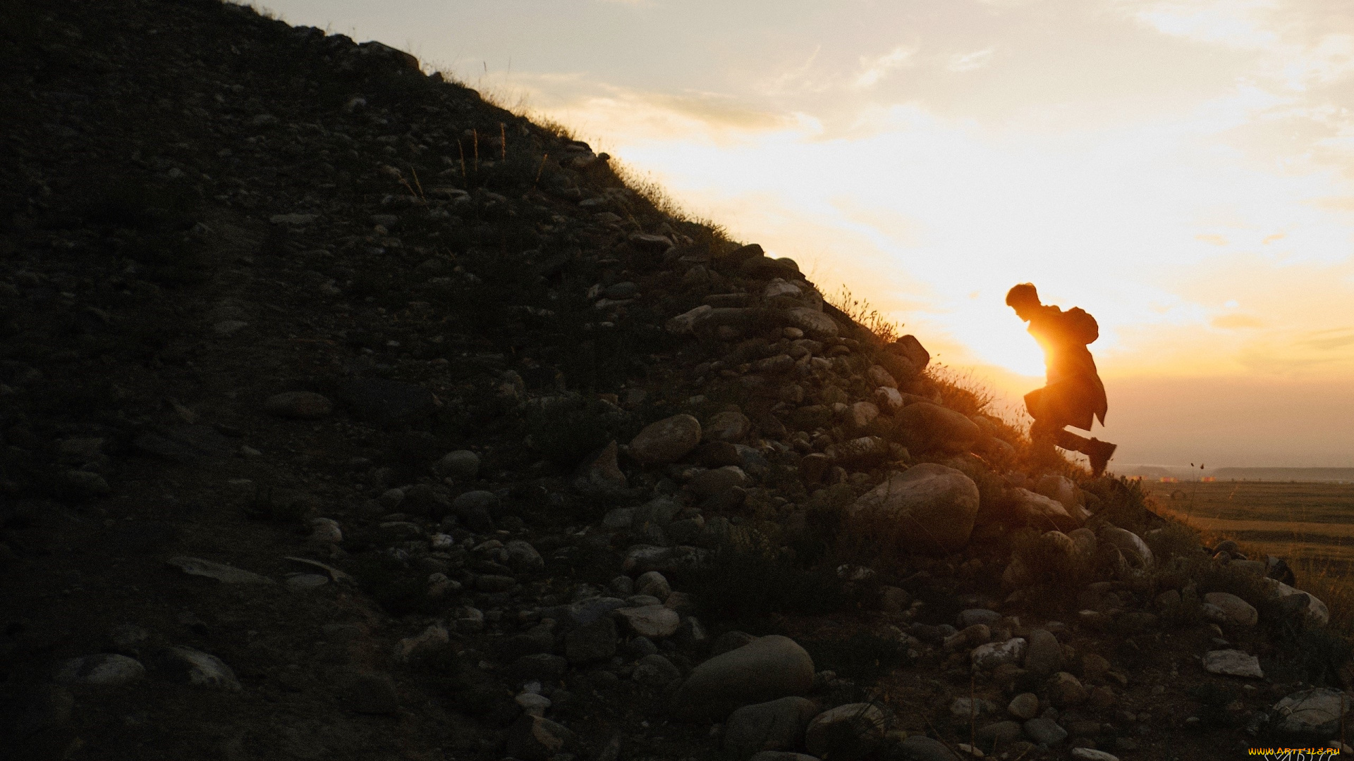 мужчины, xiao, zhan, силуэт, гора, закат