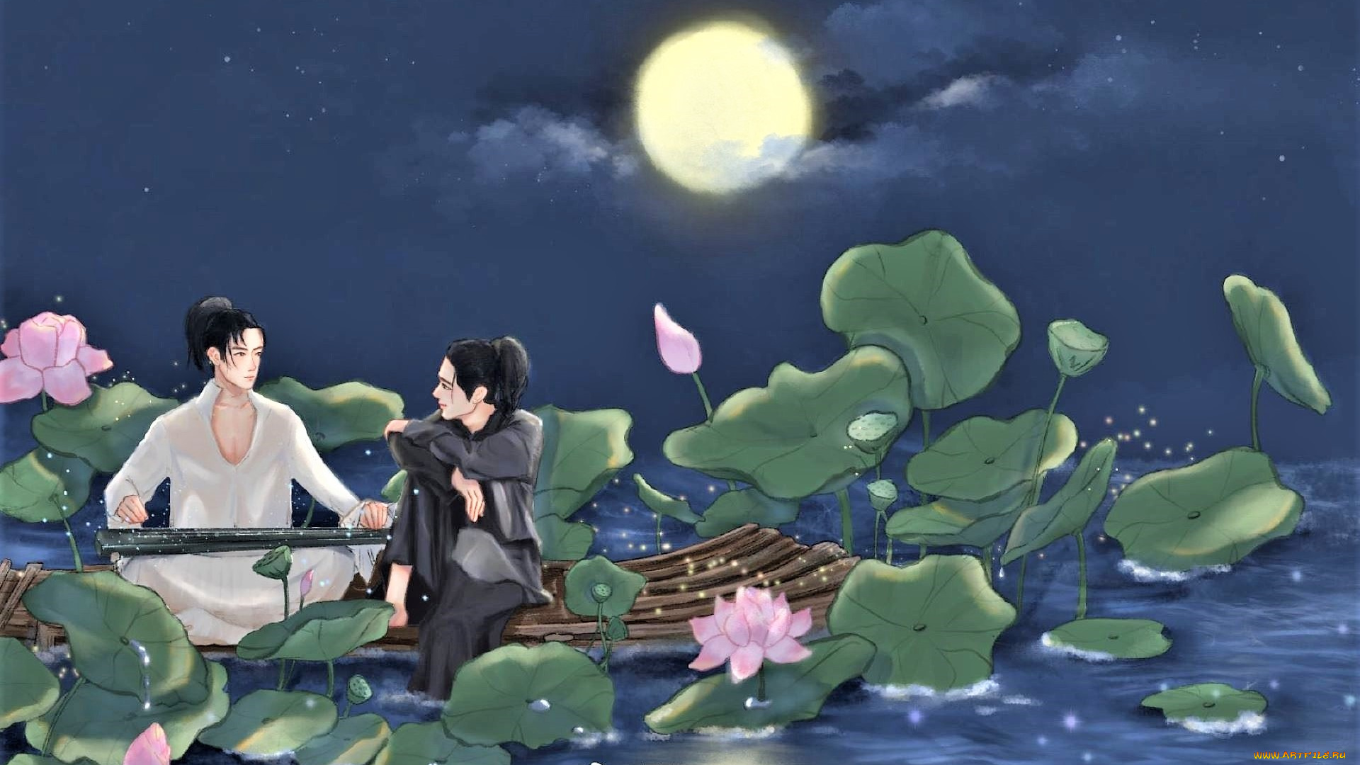 рисованное, люди, ван, ибо, сяо, чжань, гуцинь, лотосы, озеро