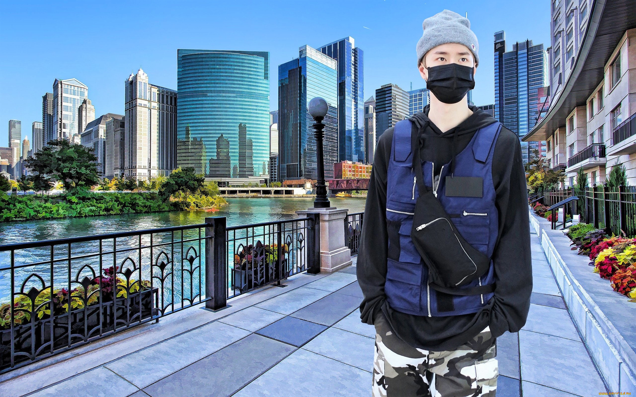 мужчины, wang, yi, bo, актер, певец, город, шапка, маска, жилет