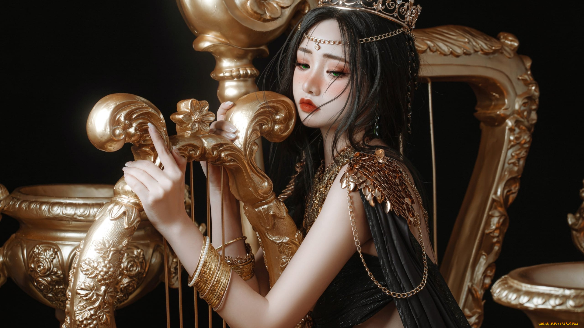 девушки, -, креатив, , косплей, nekokoyoshi, образ, костюм, корона, арфа