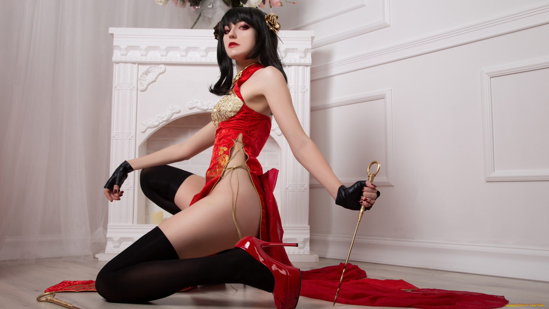 momo, девушки, образ, костюм, камин, цветы