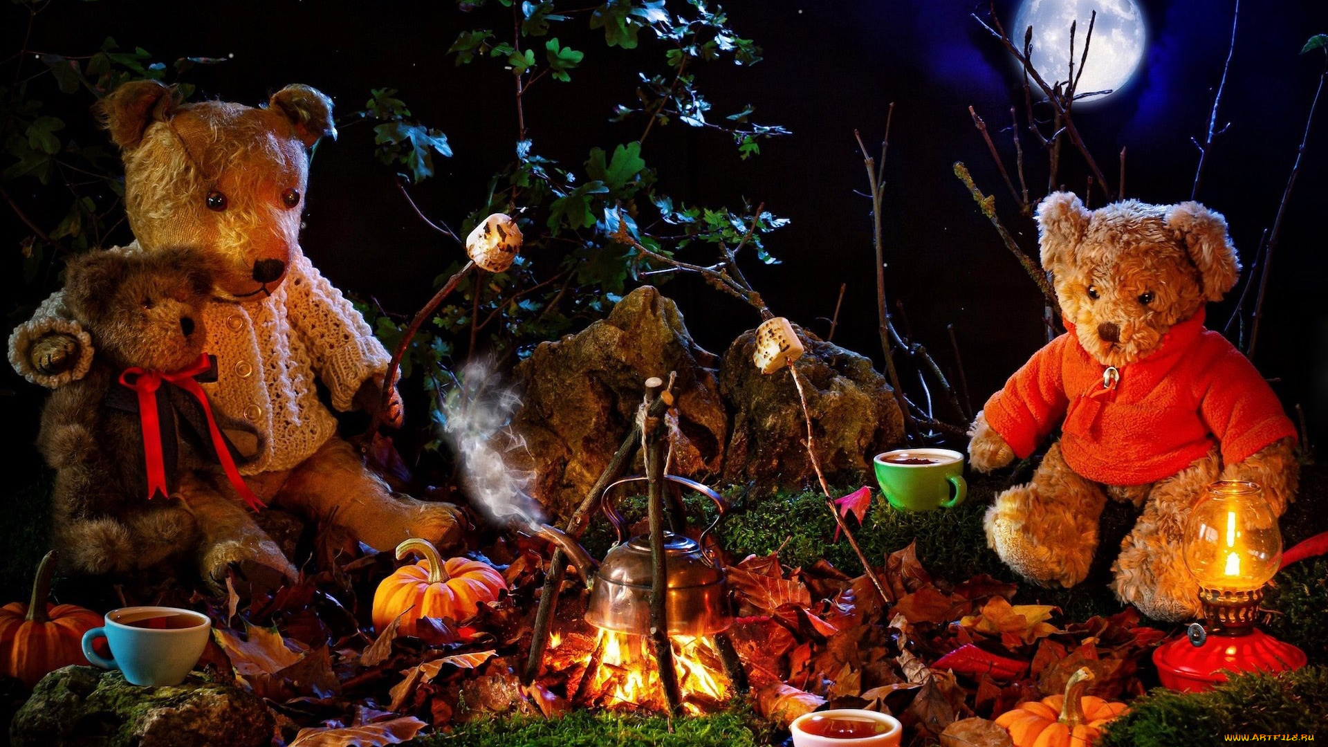 разное, игрушки, костер, чайник, ночь, луна, плюшевые, медведи