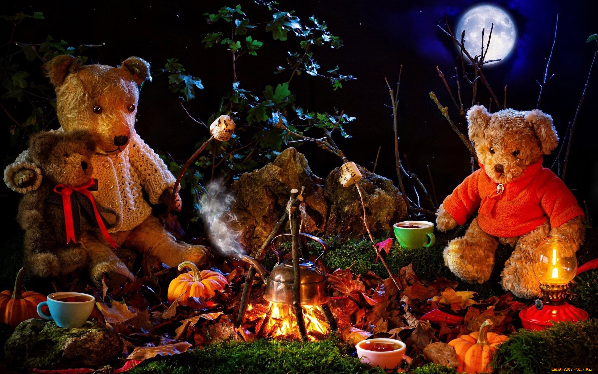 разное, игрушки, костер, чайник, ночь, луна, плюшевые, медведи