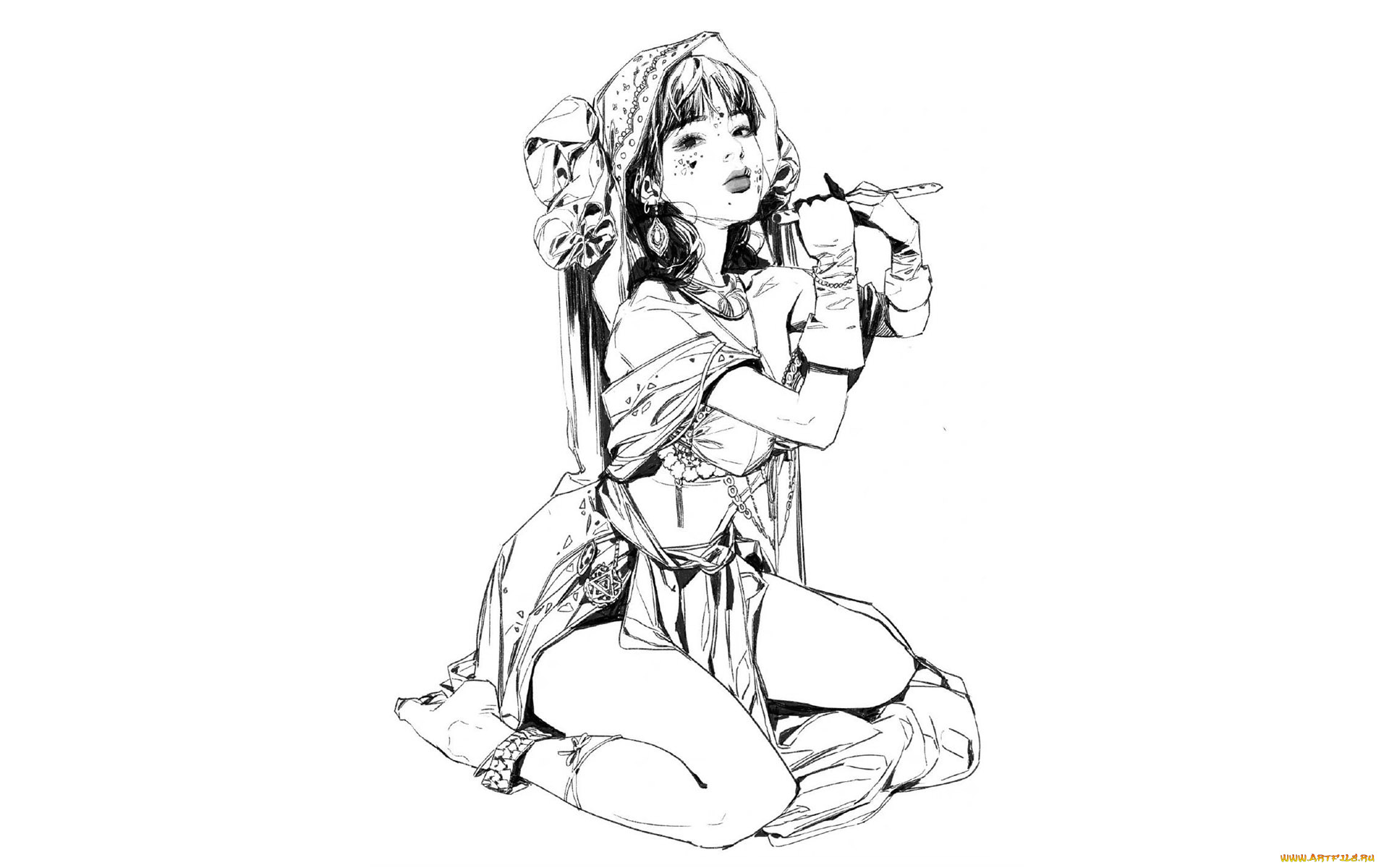 рисованное, дети, девочка, флейта