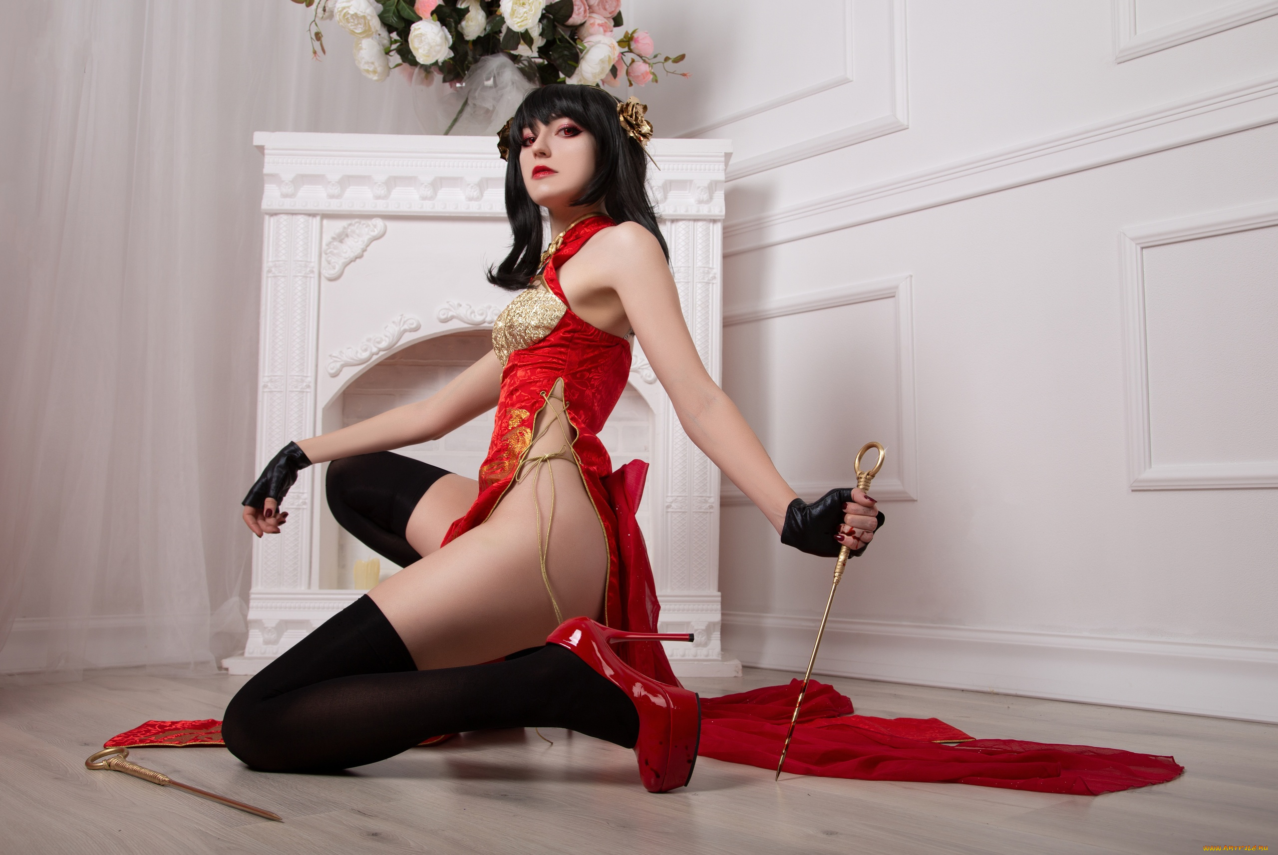 momo, девушки, образ, костюм, камин, цветы