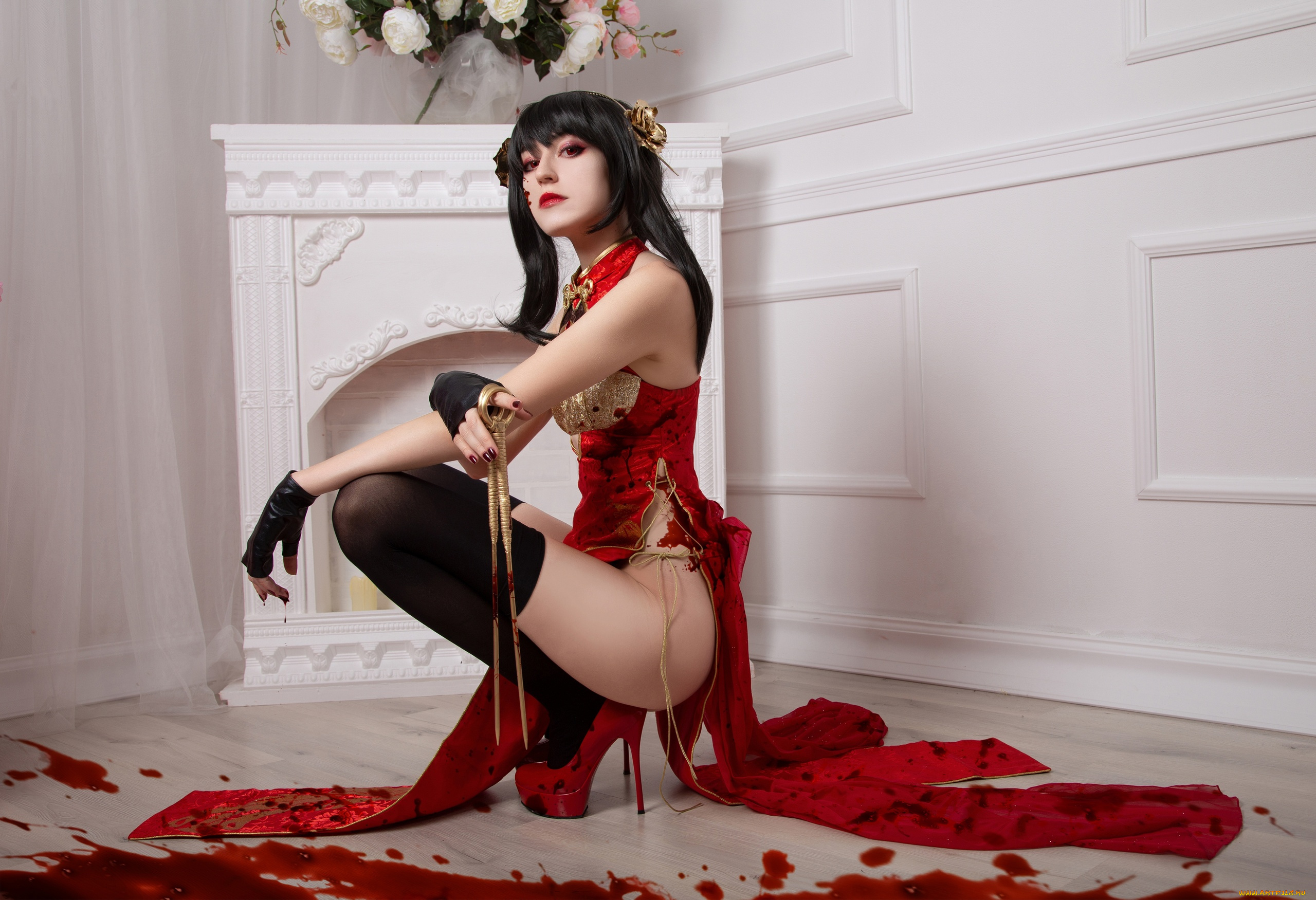 momo, девушки, образ, костюм, камин, цветы, кровь