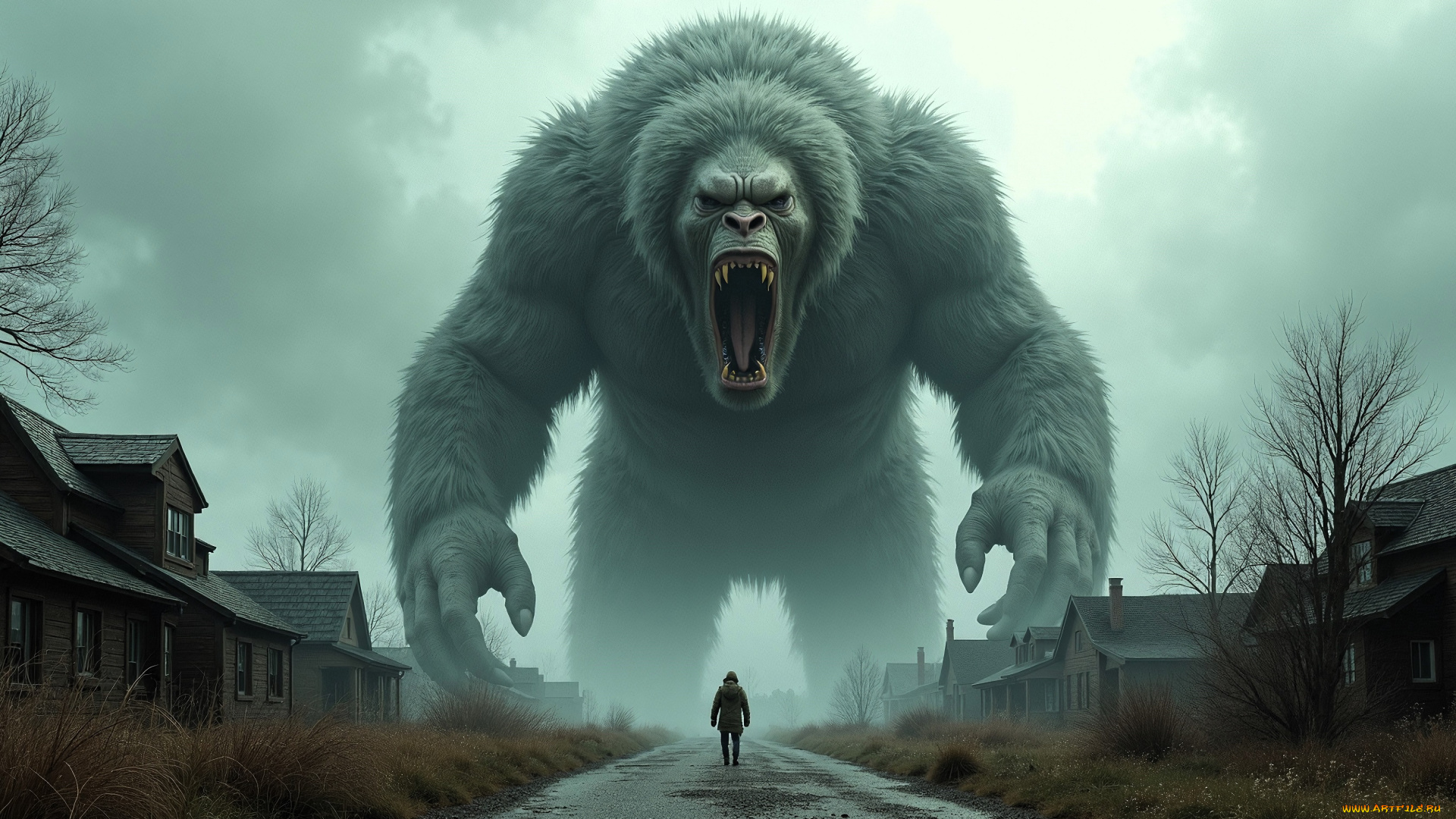 3д, графика, фантазия, , fantasy, дома, поселок, дорога, человек, монстр, горилла, туман