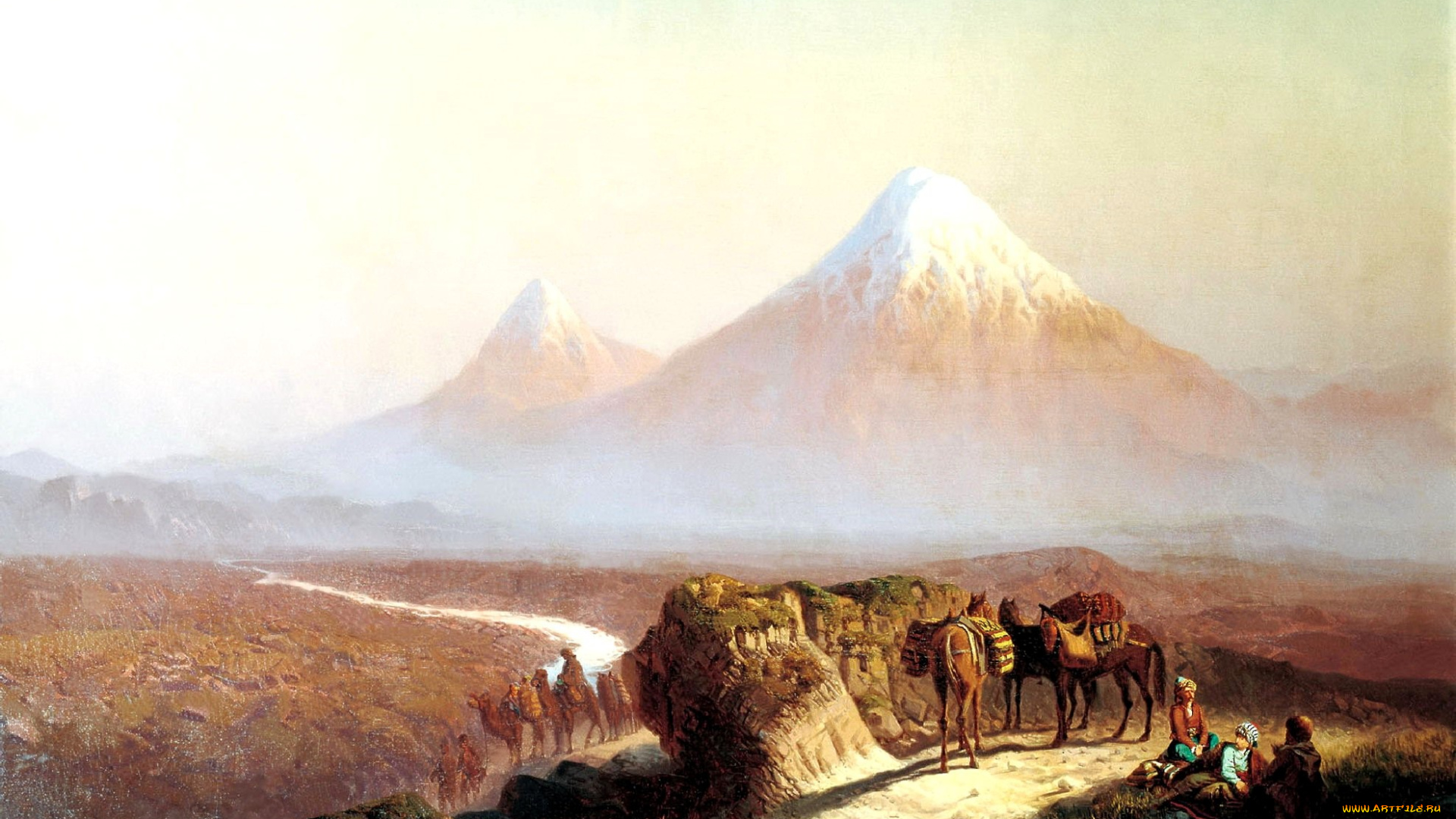 илья, занковский, рисованное, караван, люди, дорога, горы, долина
