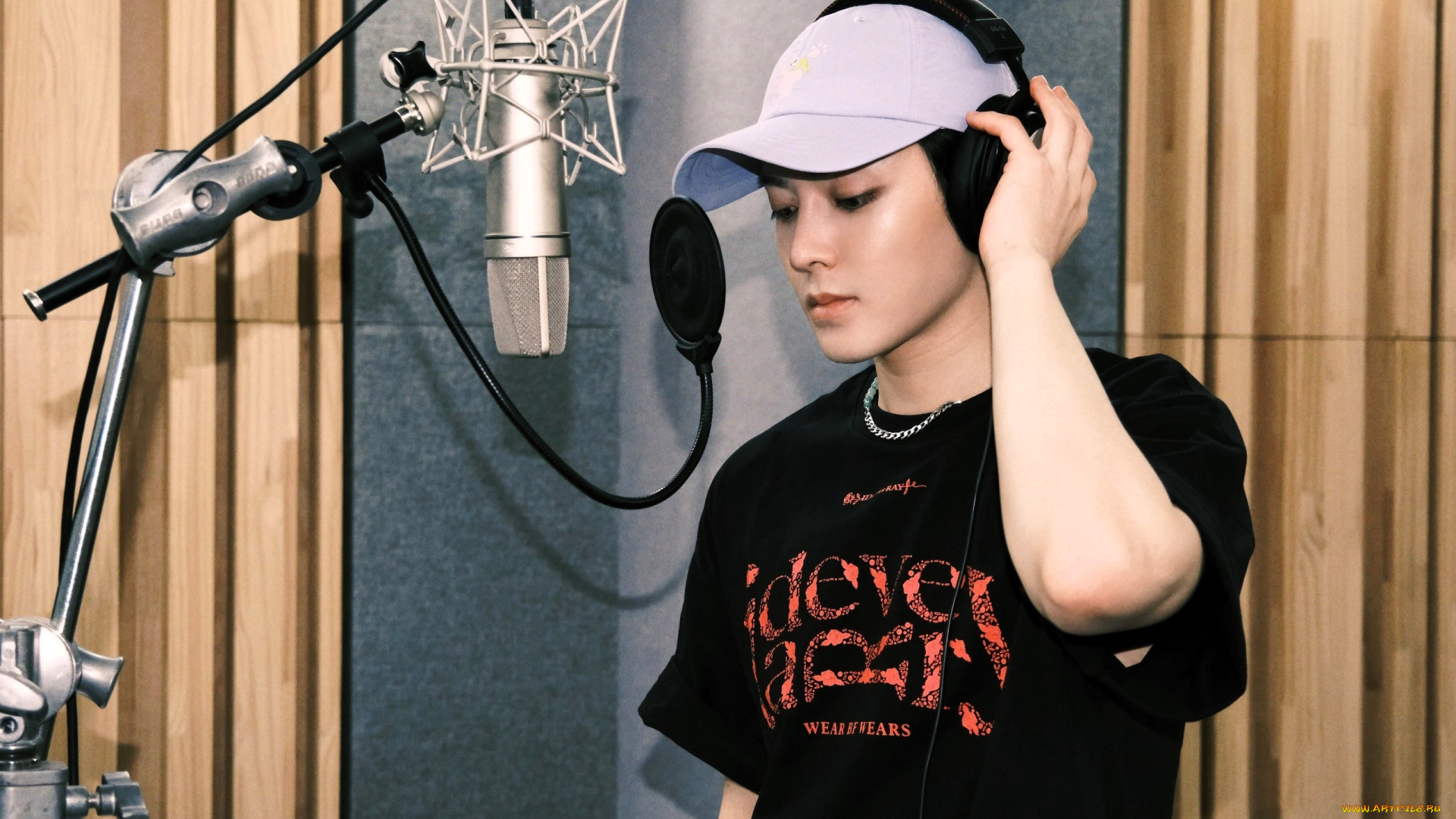 мужчины, hou, ming, hao, актер, кепка, наушники, микрофон, футболка, запись