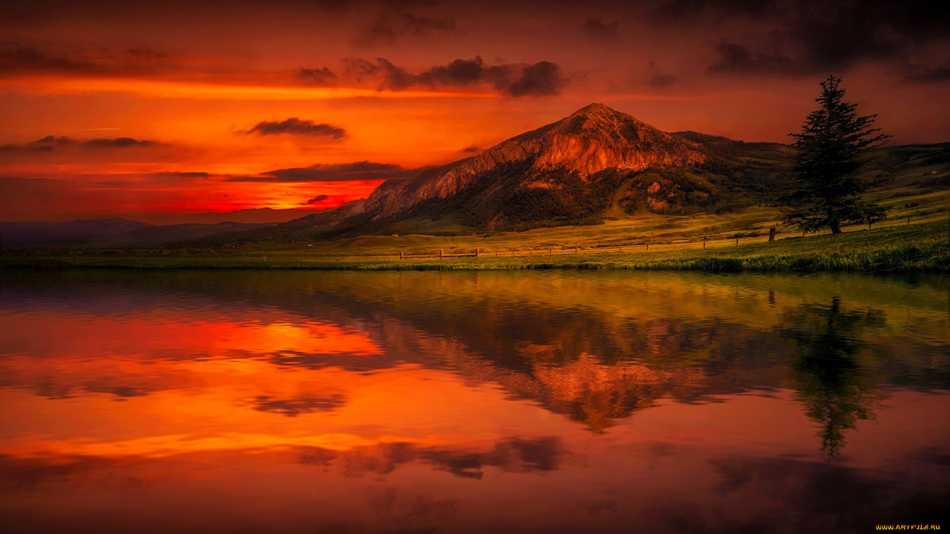 природа, восходы, закаты, закат, горы, луга, озеро, дерево