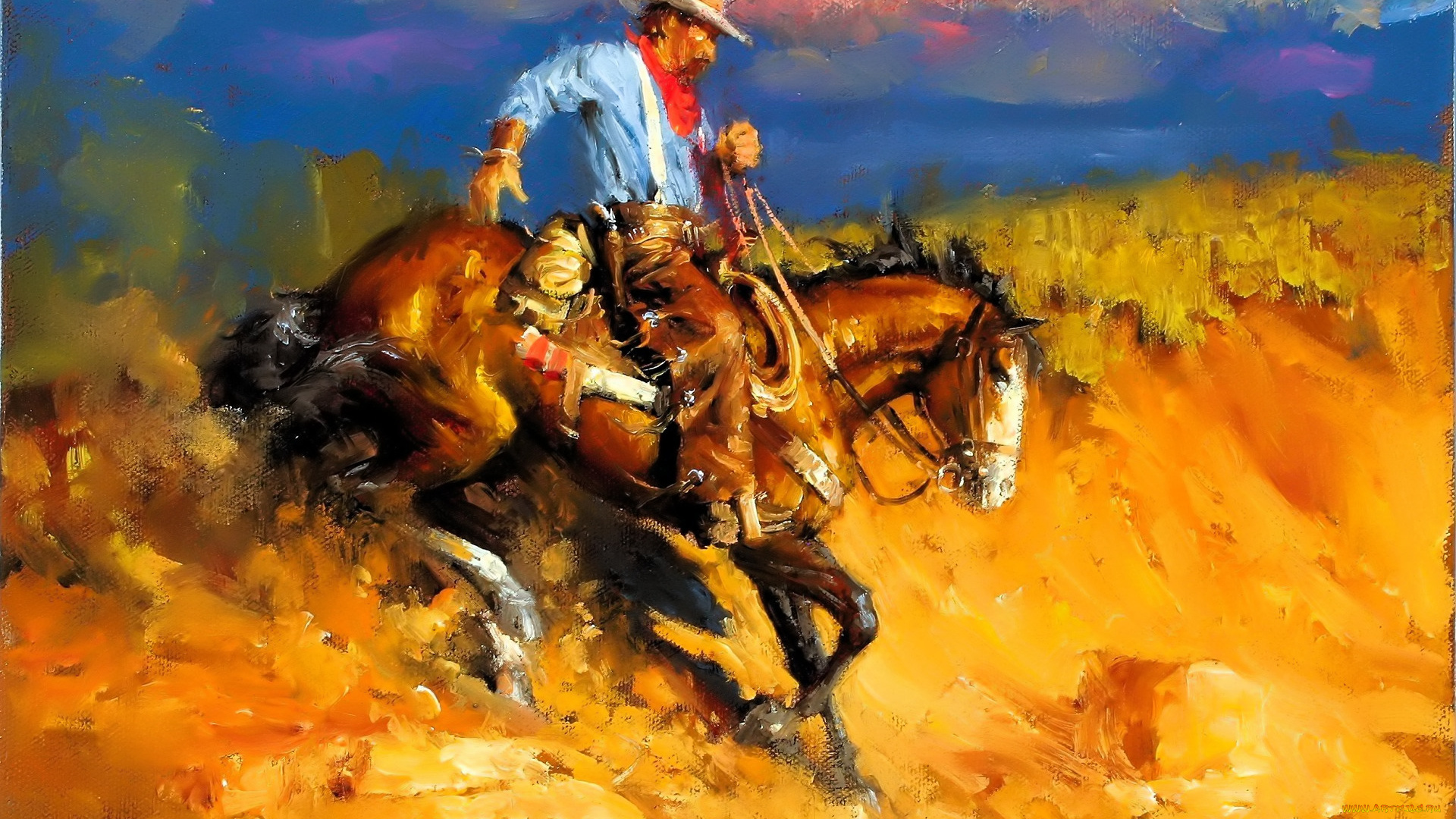 рисованное, andy, thomas, всадник, ковбой, лошадь, обрыв, овраг, тучи