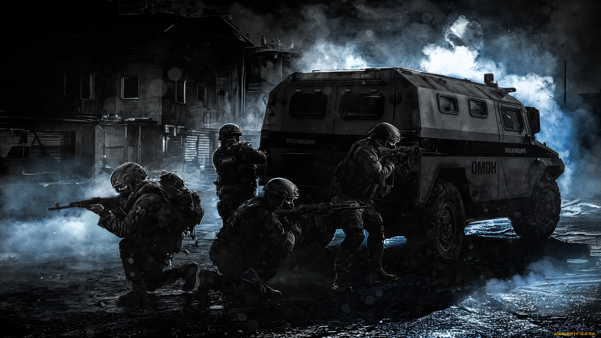 рисованное, армия, спецназ, омон, транспорт, дома, оружие