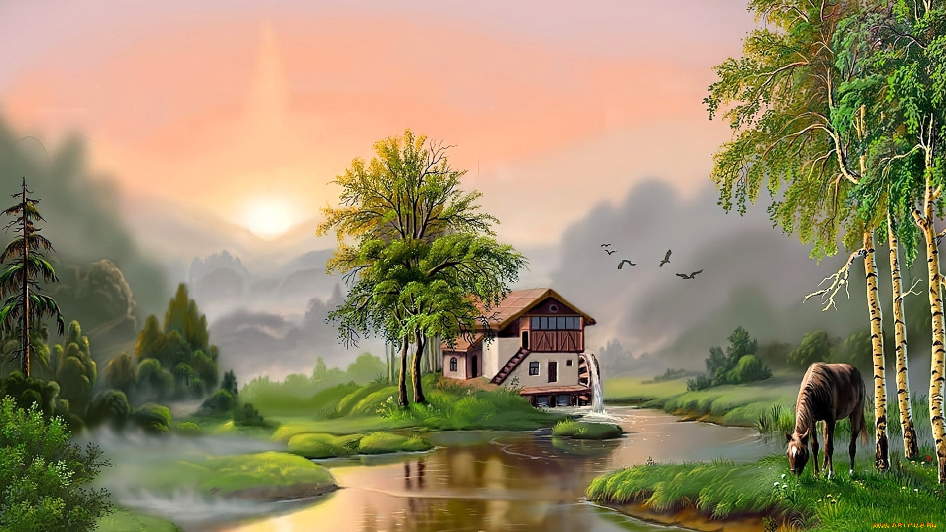 рисованное, виктор, цыганов, дом, река, лес, горы, деревья, лошадь