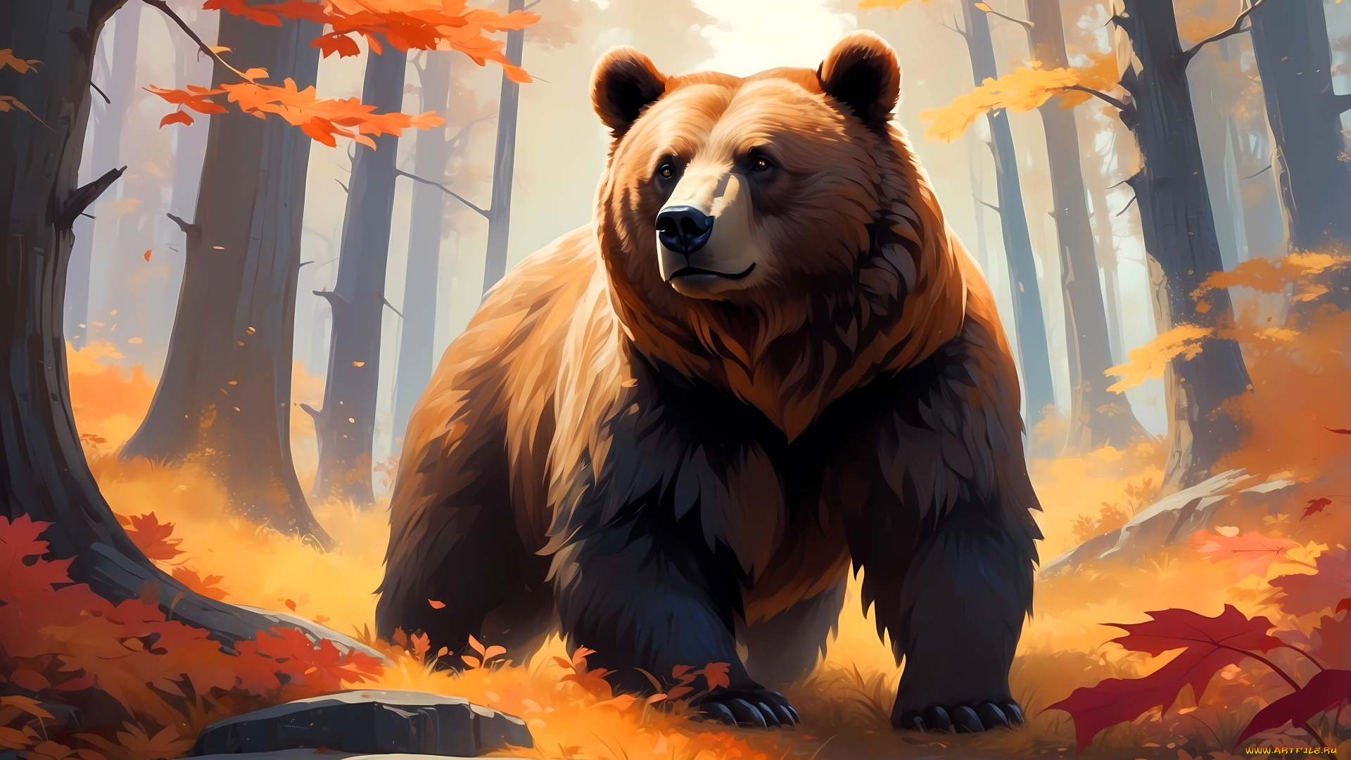 рисованное, животные, , медведи, медведь, лес, осень, деревья, листья, камни