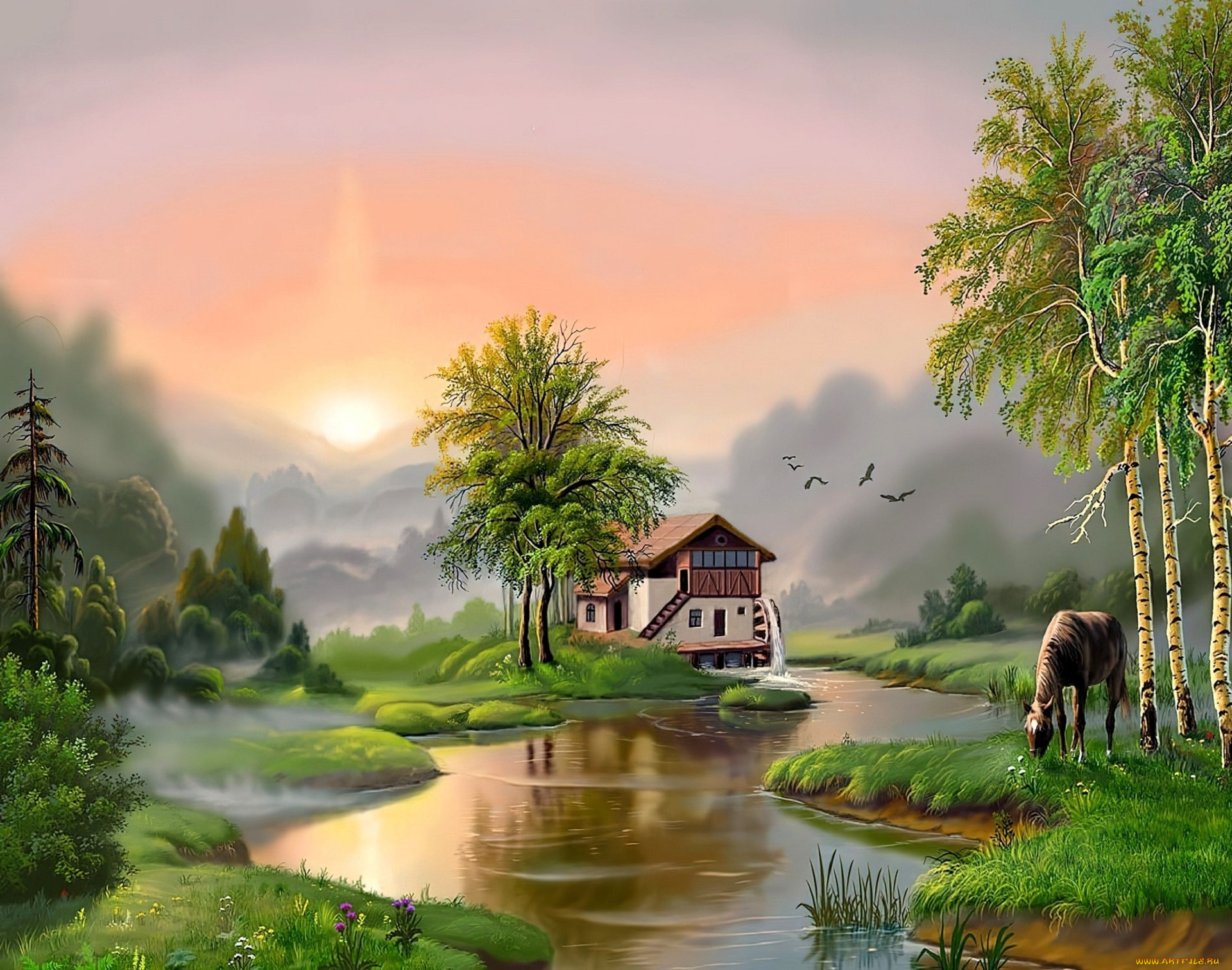 рисованное, виктор, цыганов, дом, река, лес, горы, деревья, лошадь
