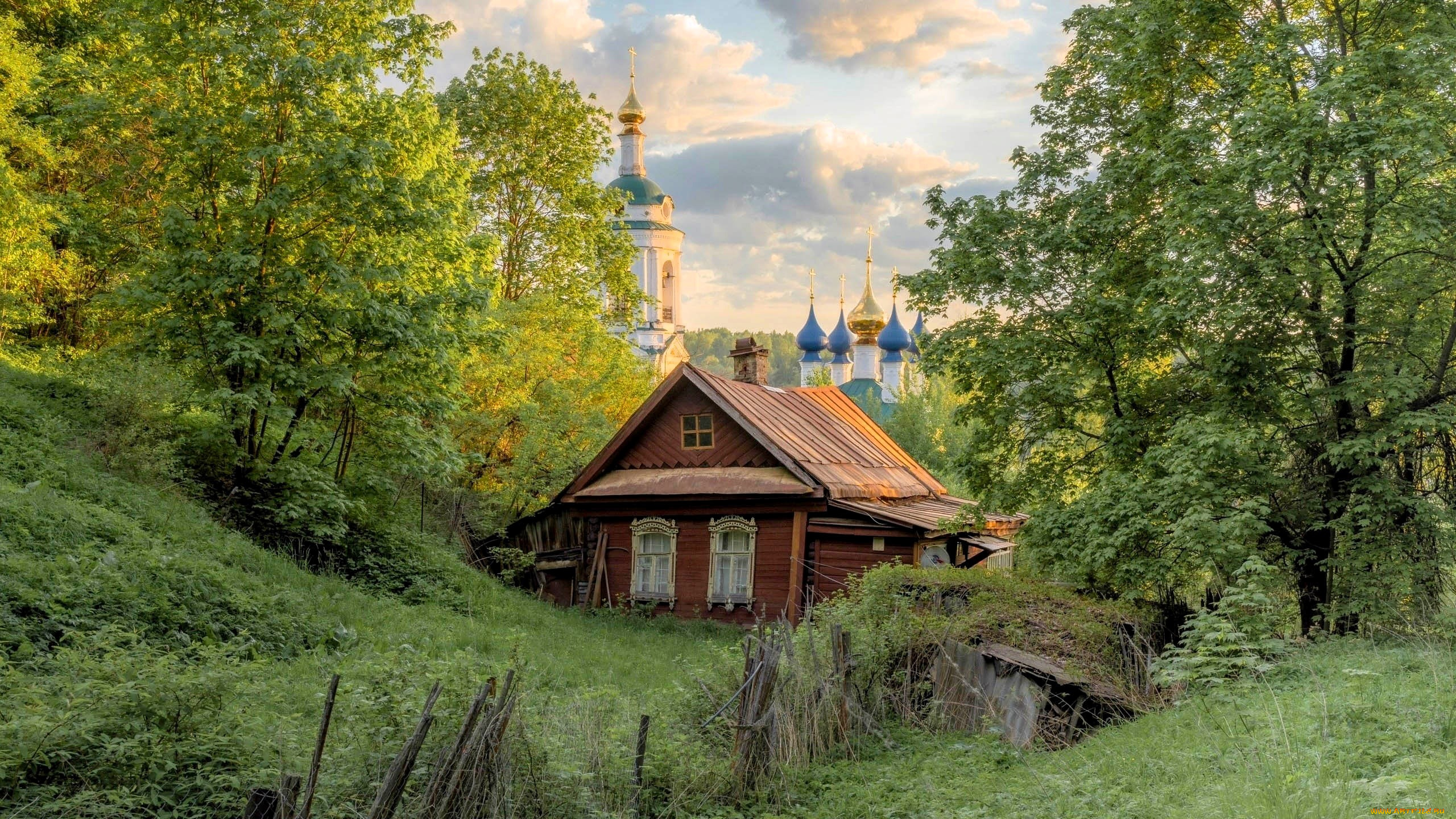 города, -, здания, , дома, деревья, овраг, трава, избушка, домик, собор