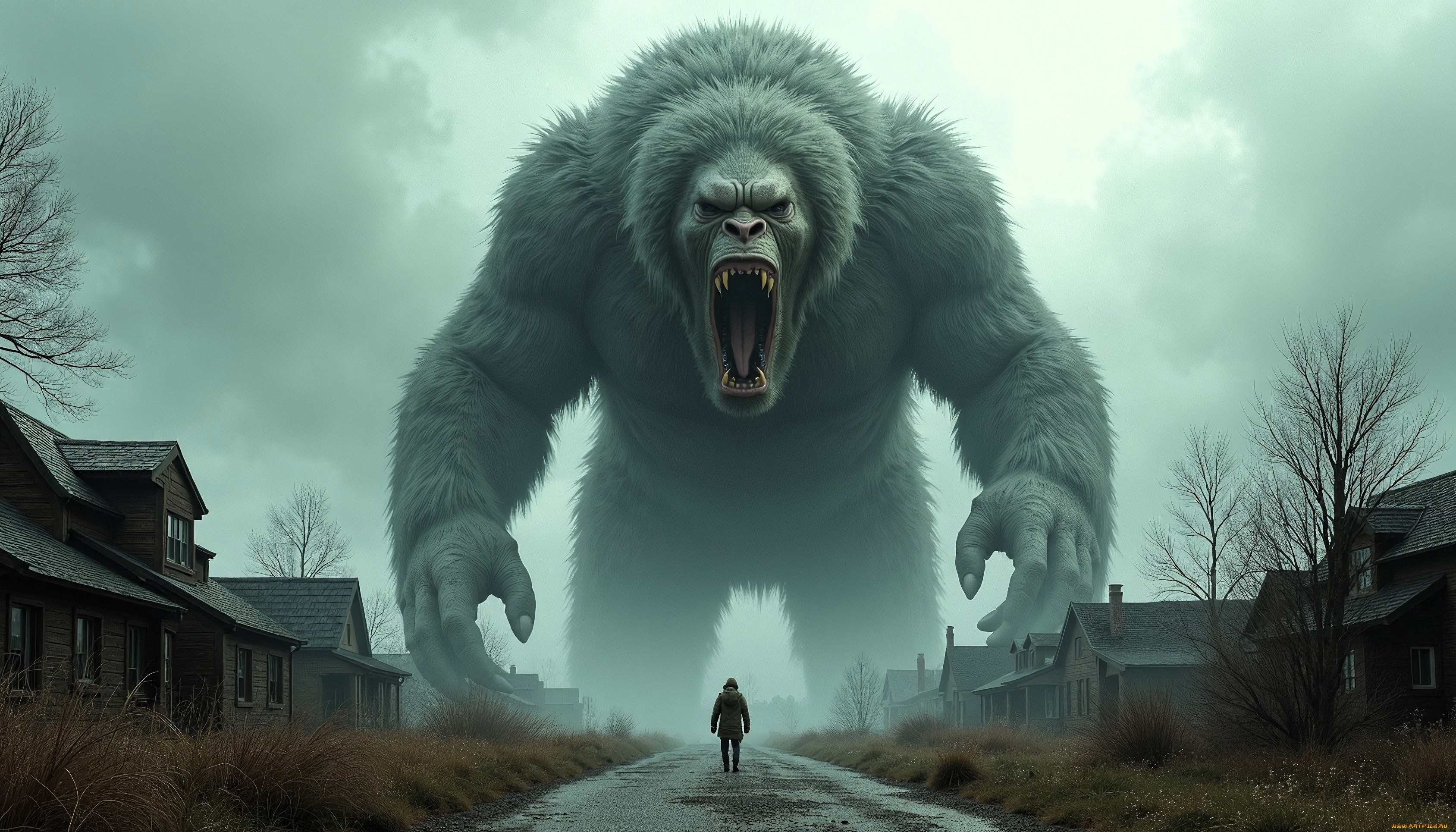 3д, графика, фантазия, , fantasy, дома, поселок, дорога, человек, монстр, горилла, туман