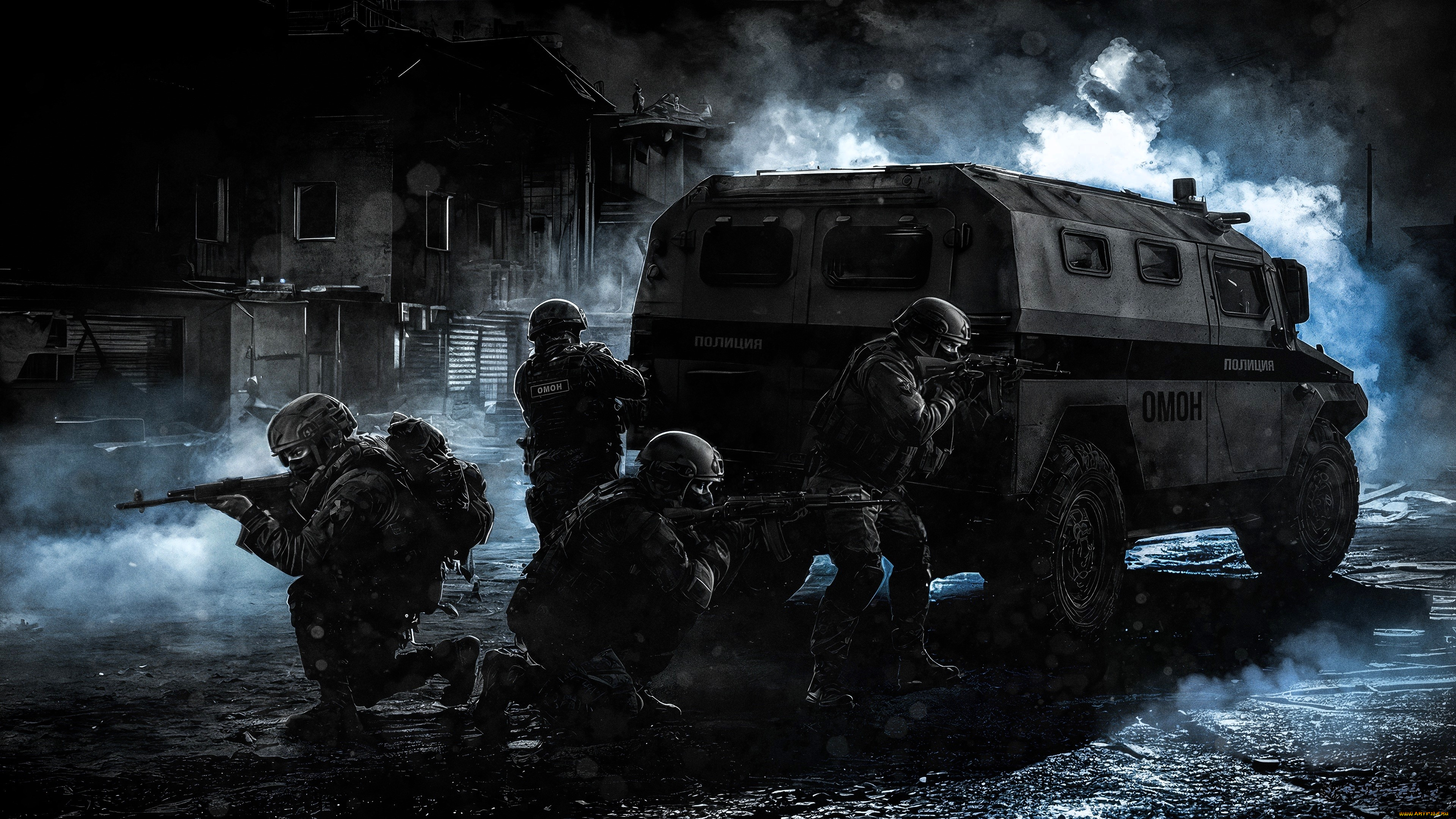 рисованное, армия, спецназ, омон, транспорт, дома, оружие