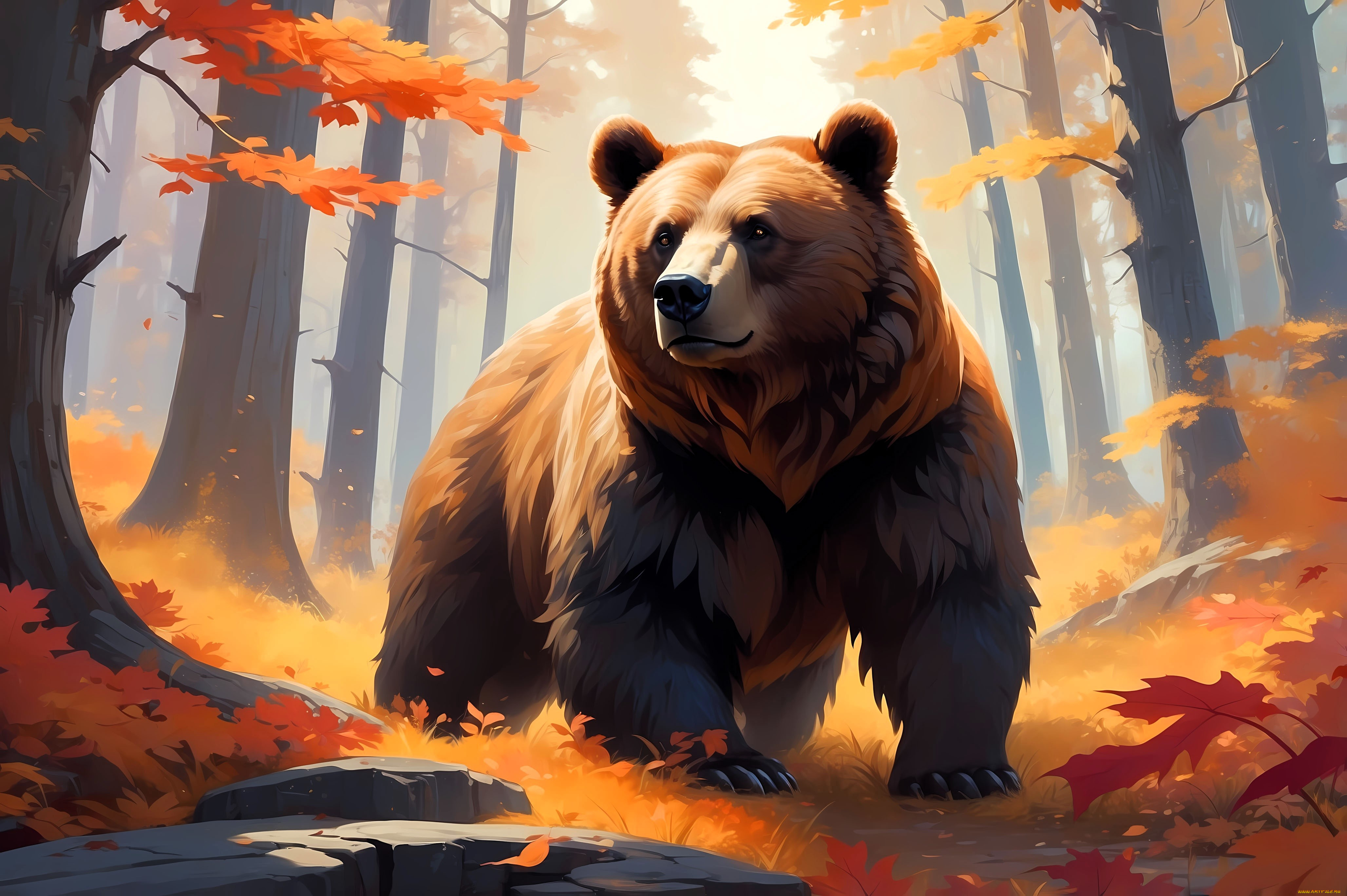рисованное, животные, , медведи, медведь, лес, осень, деревья, листья, камни