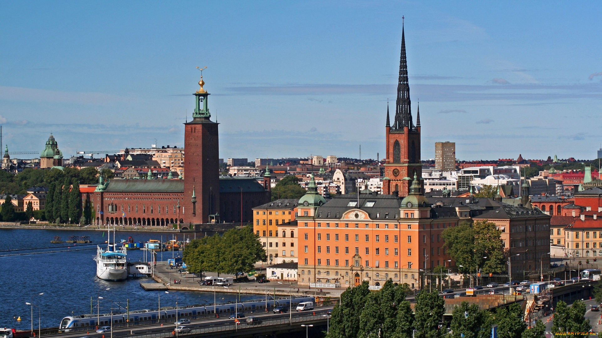 стокгольм, швеция, города, корабль, мэрия, мост, река, шпиль, башня