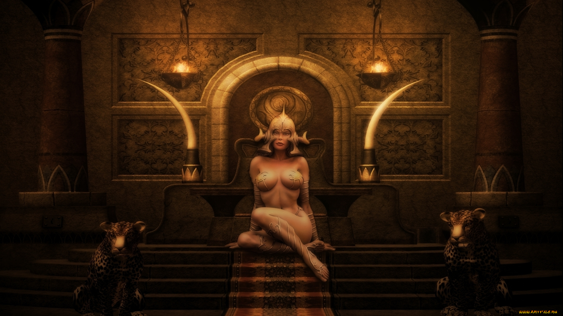 3д, графика, fantasy, фантазия, девушка, лесница, леопарды