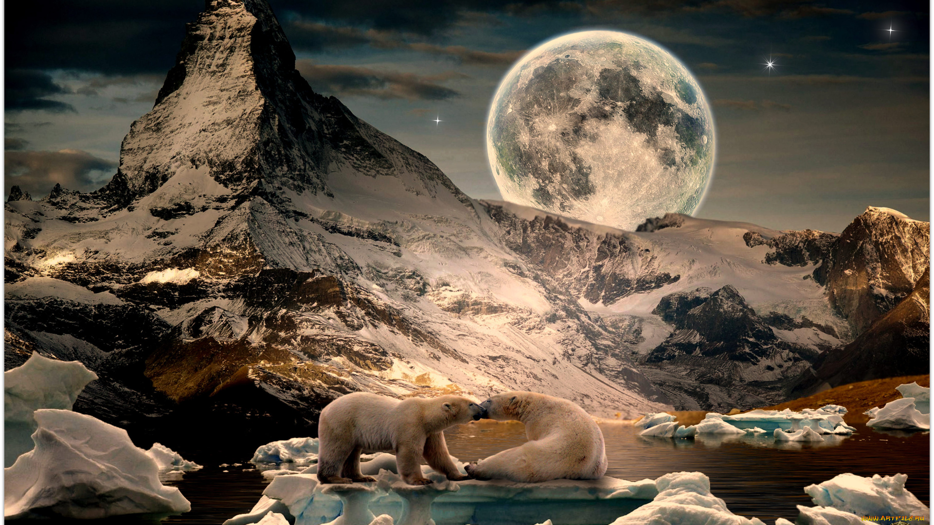 фэнтези, пейзажи, луна, горы, море