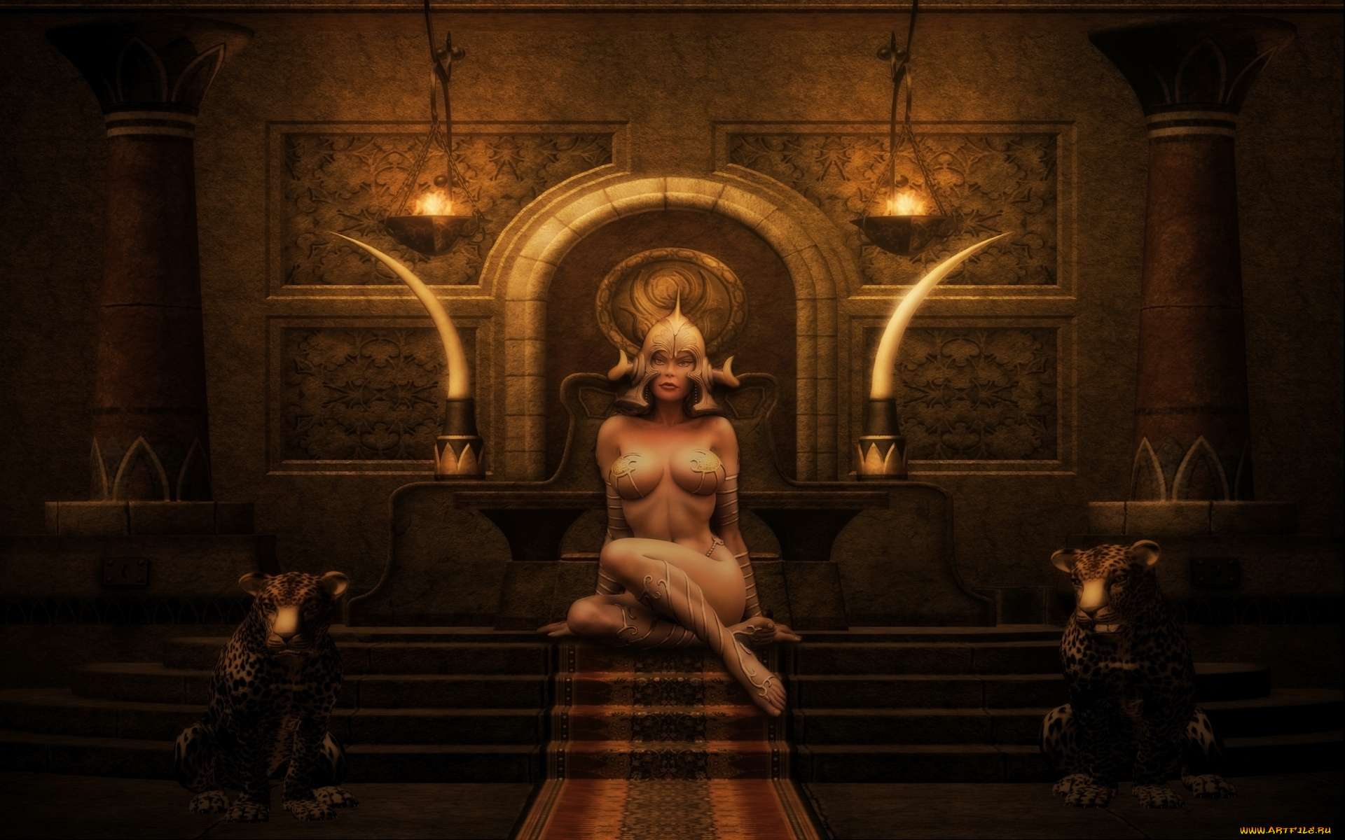 3д, графика, fantasy, фантазия, девушка, лесница, леопарды