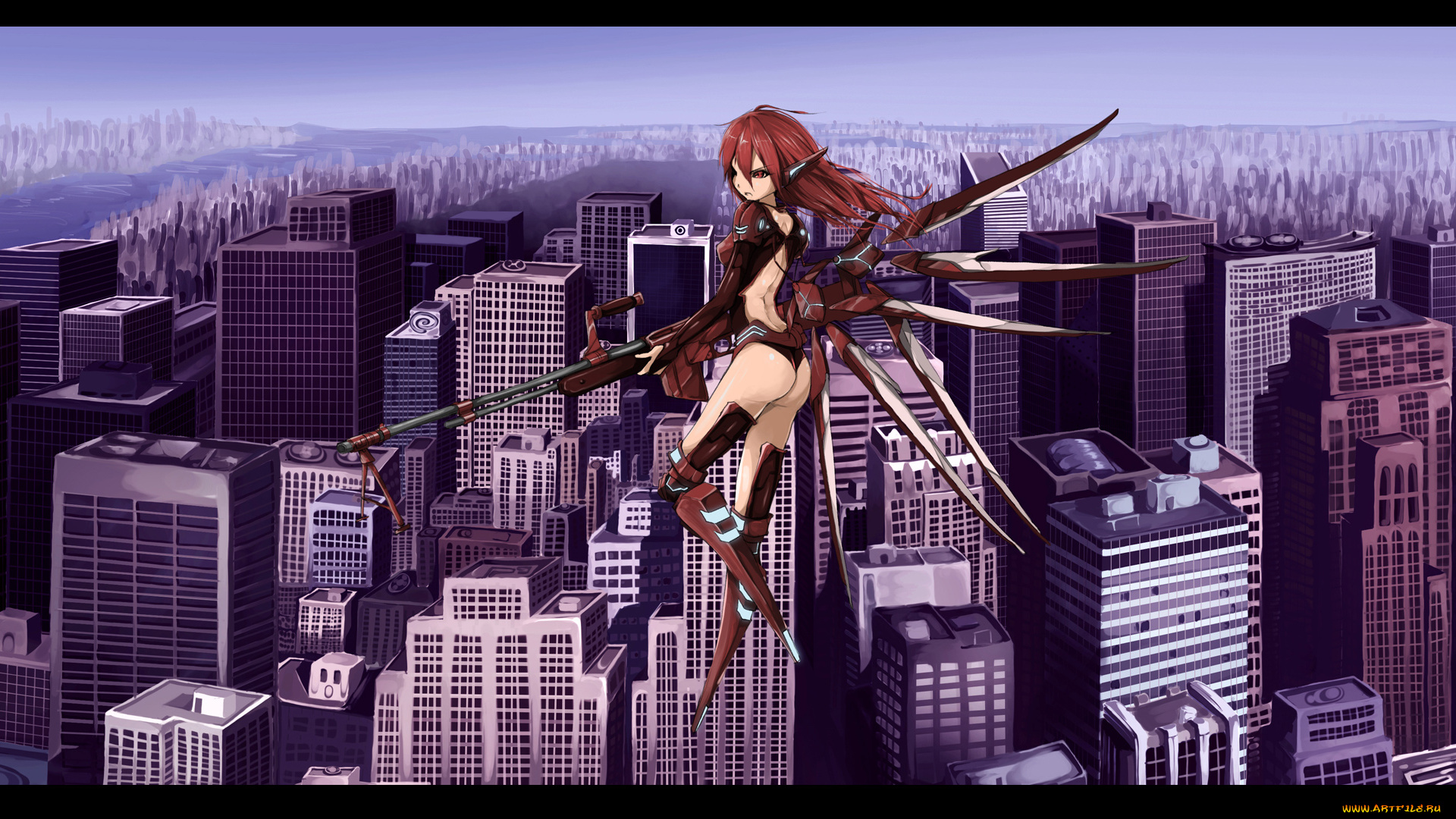 by, tyappygain, аниме, weapon, blood, technology, небо, девушка, киборг, здания, оружие, город, крылья, река