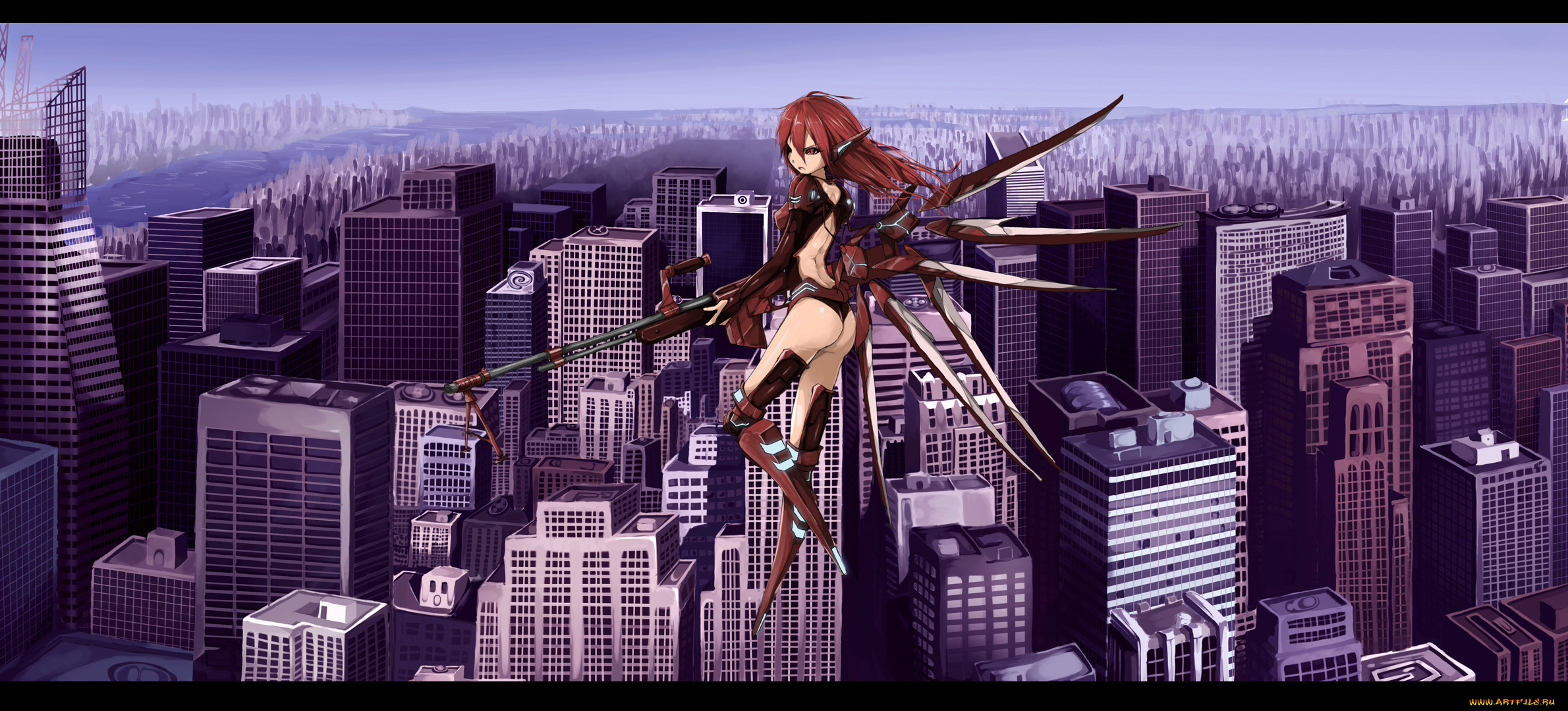 by, tyappygain, аниме, weapon, blood, technology, небо, девушка, киборг, здания, оружие, город, крылья, река