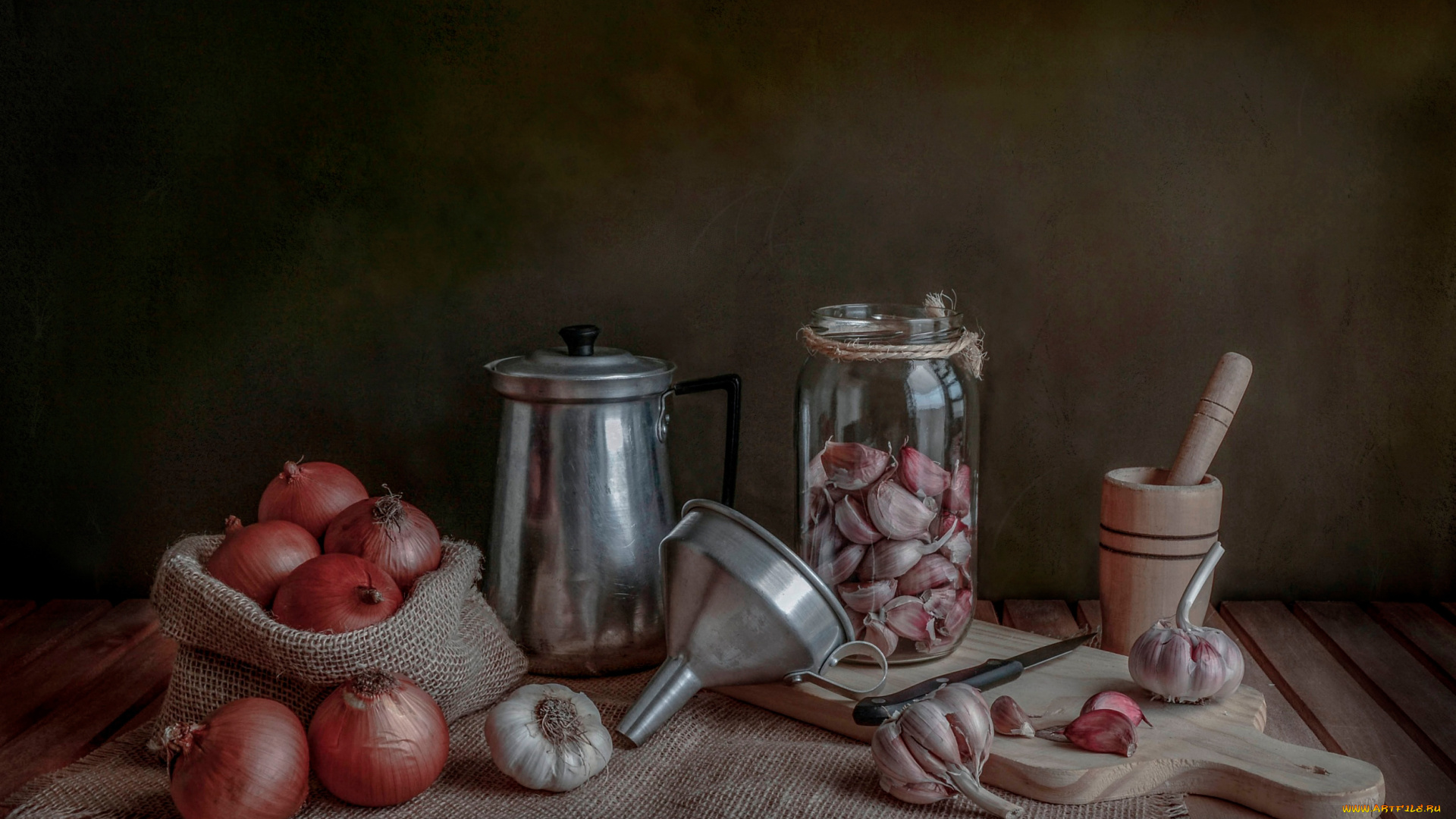 еда, натюрморт, лук, чеснок
