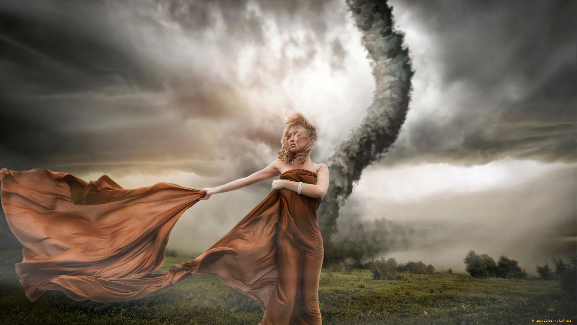 фэнтези, фотоарт, ураган, девушка, непогода, ветер, смерч, торнадо