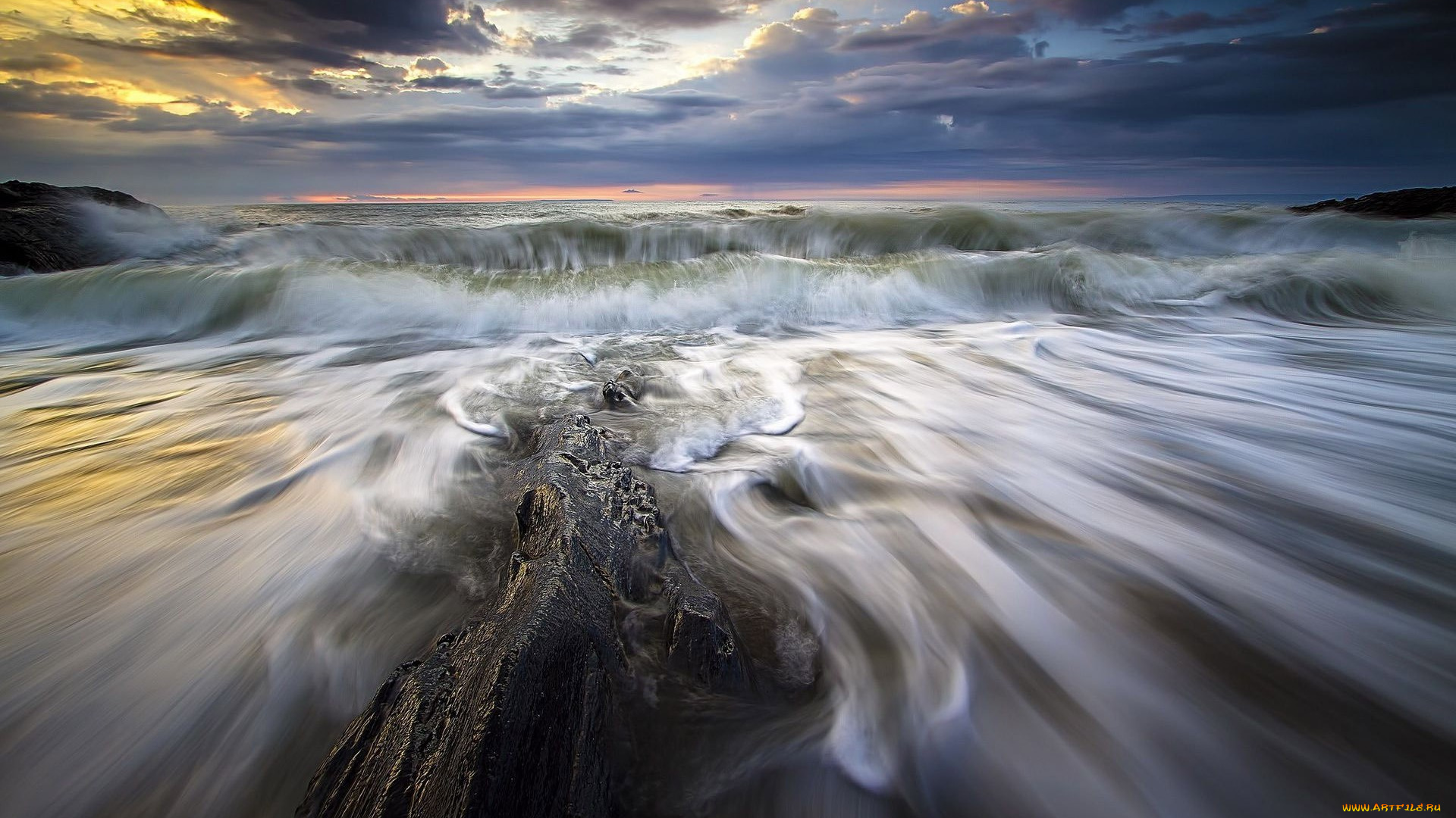 природа, побережье, камни, прибой, волны, облака