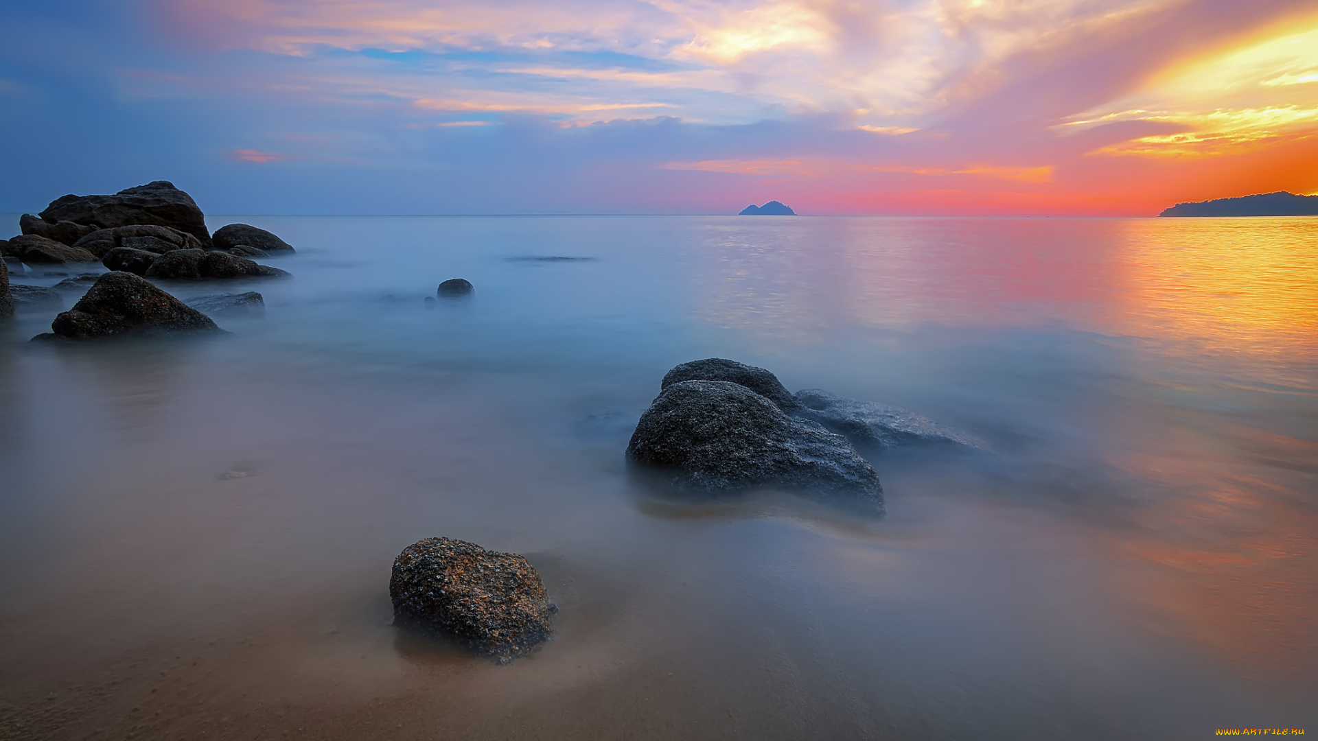природа, побережье, закат, небо, берег, камни, вода, облака