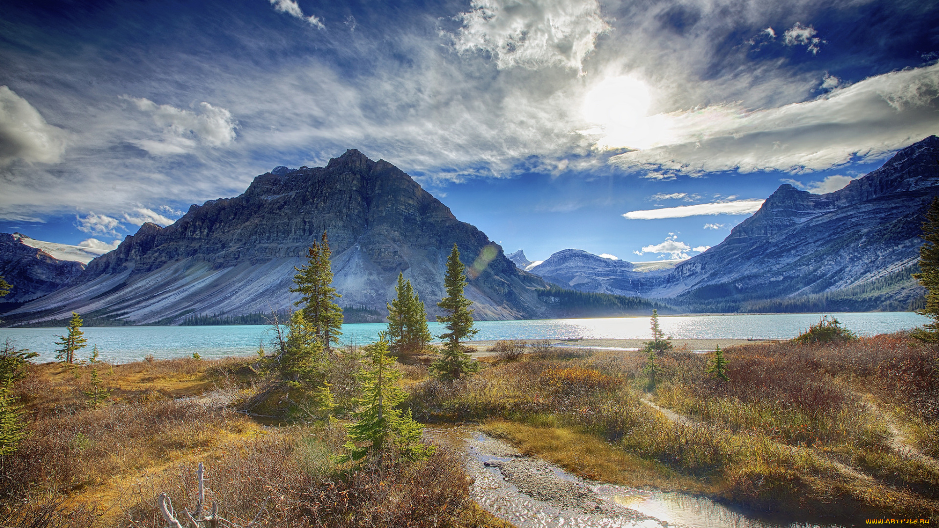 природа, реки, озера, деревья, река, озеро, горы, небо, облака