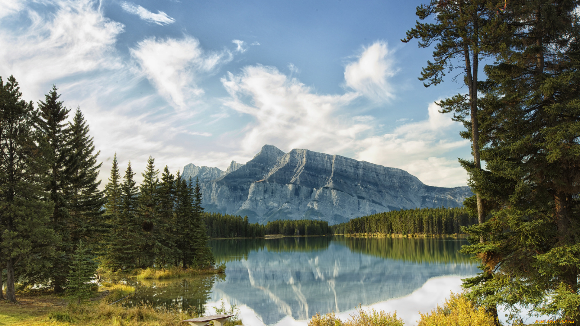 природа, реки, озера, стол, скамья, деревья, озеро, горы, небо