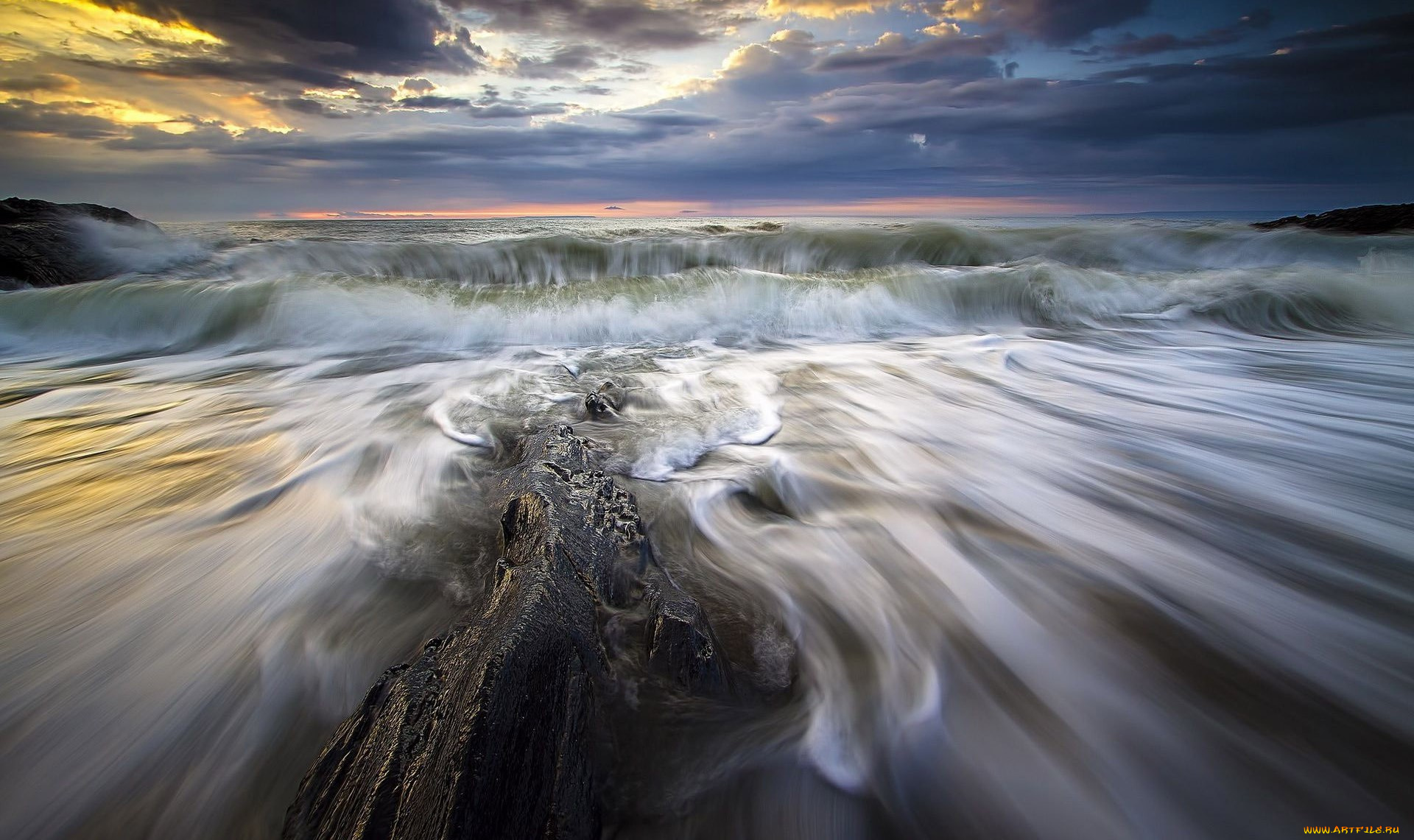 природа, побережье, камни, прибой, волны, облака