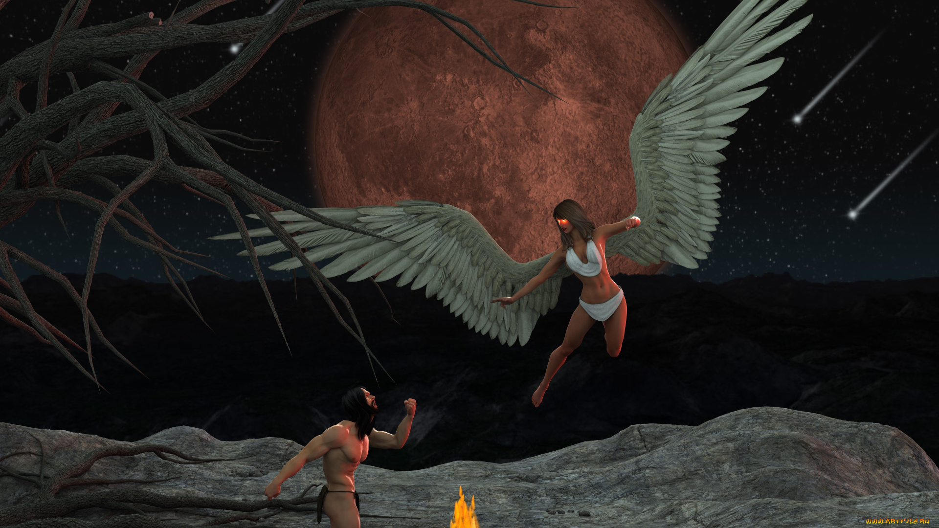 3д, графика, фантазия, , fantasy, демон, полет, планета, мужчина, огонь