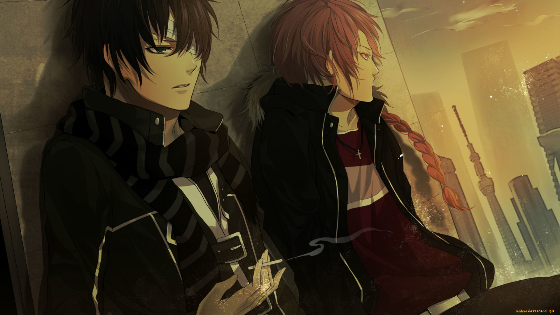 аниме, gintama, бинты, повязка, ожидание, сигарета, город, парни, kamui, takasugi, shinsuke