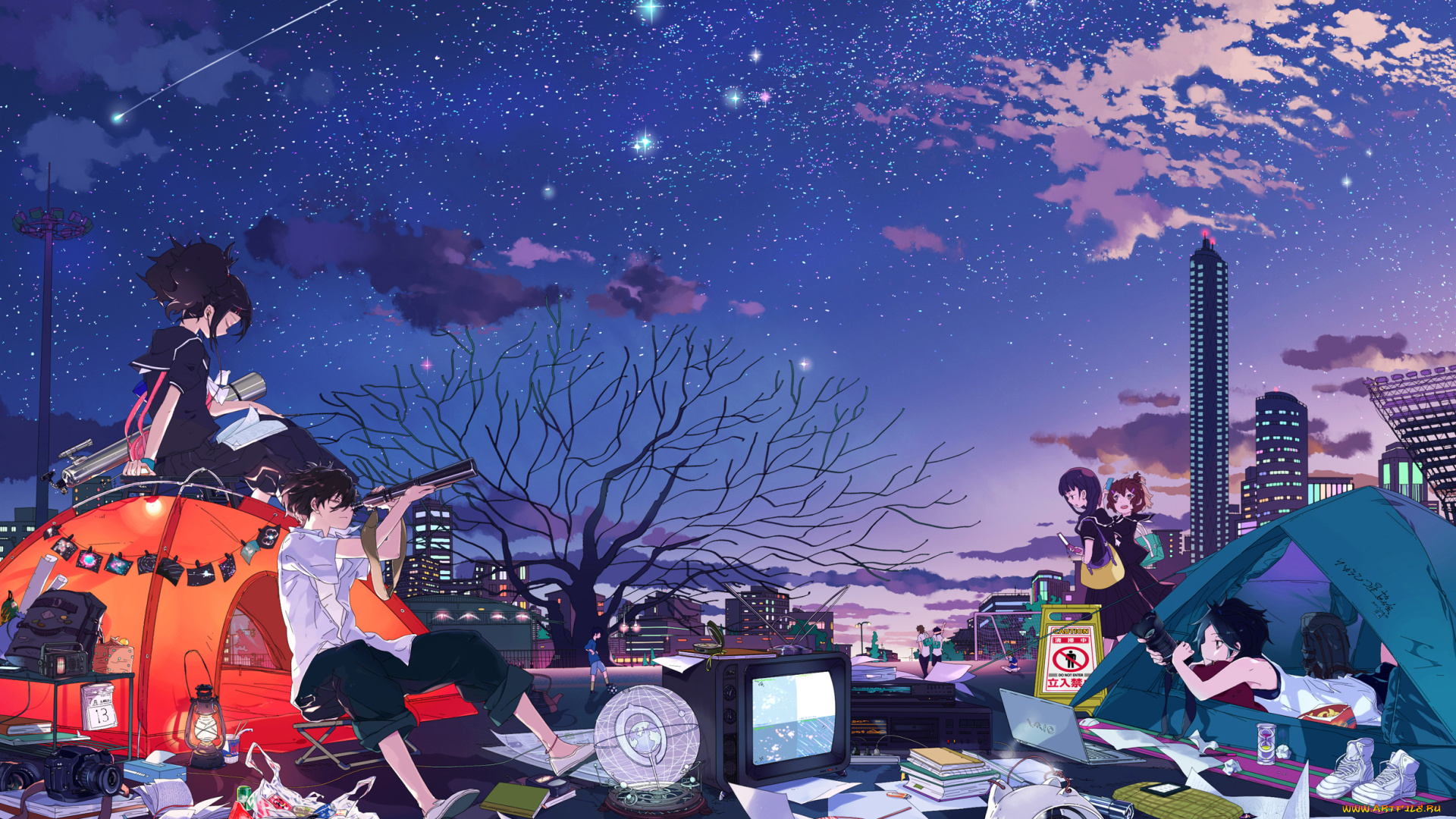 аниме, город, , улицы, , здания, звезды, вечер, школьники, hai, p, книги, фотоаппарат, ноутбук, палатка, арбуз, телевизор, дома, деревья, облака, небо, парни, девушки, арт