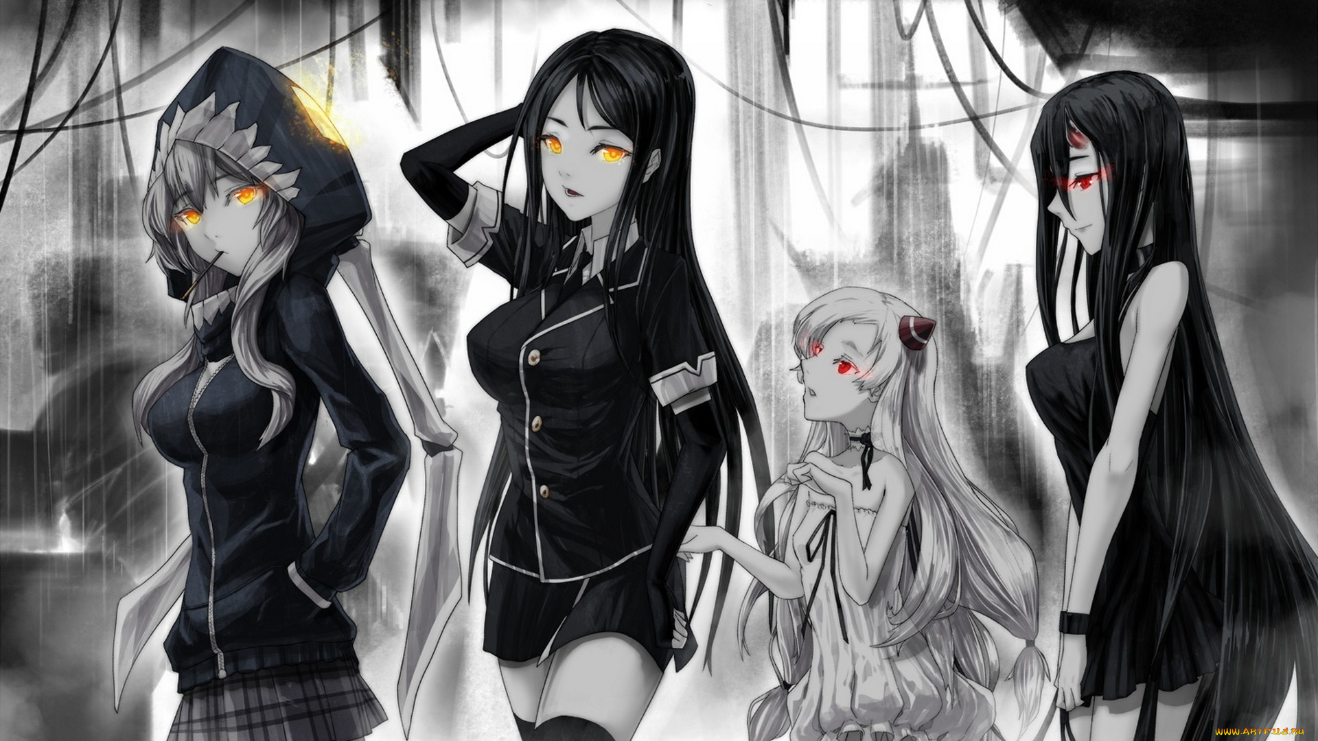 аниме, kantai, collection, battleship-symbiotic, hime, airfield, kantai, collection, ddddddd, арт, девушки, капюшон, рога, wo-class, aircraft, carrier, ru-class, battleship