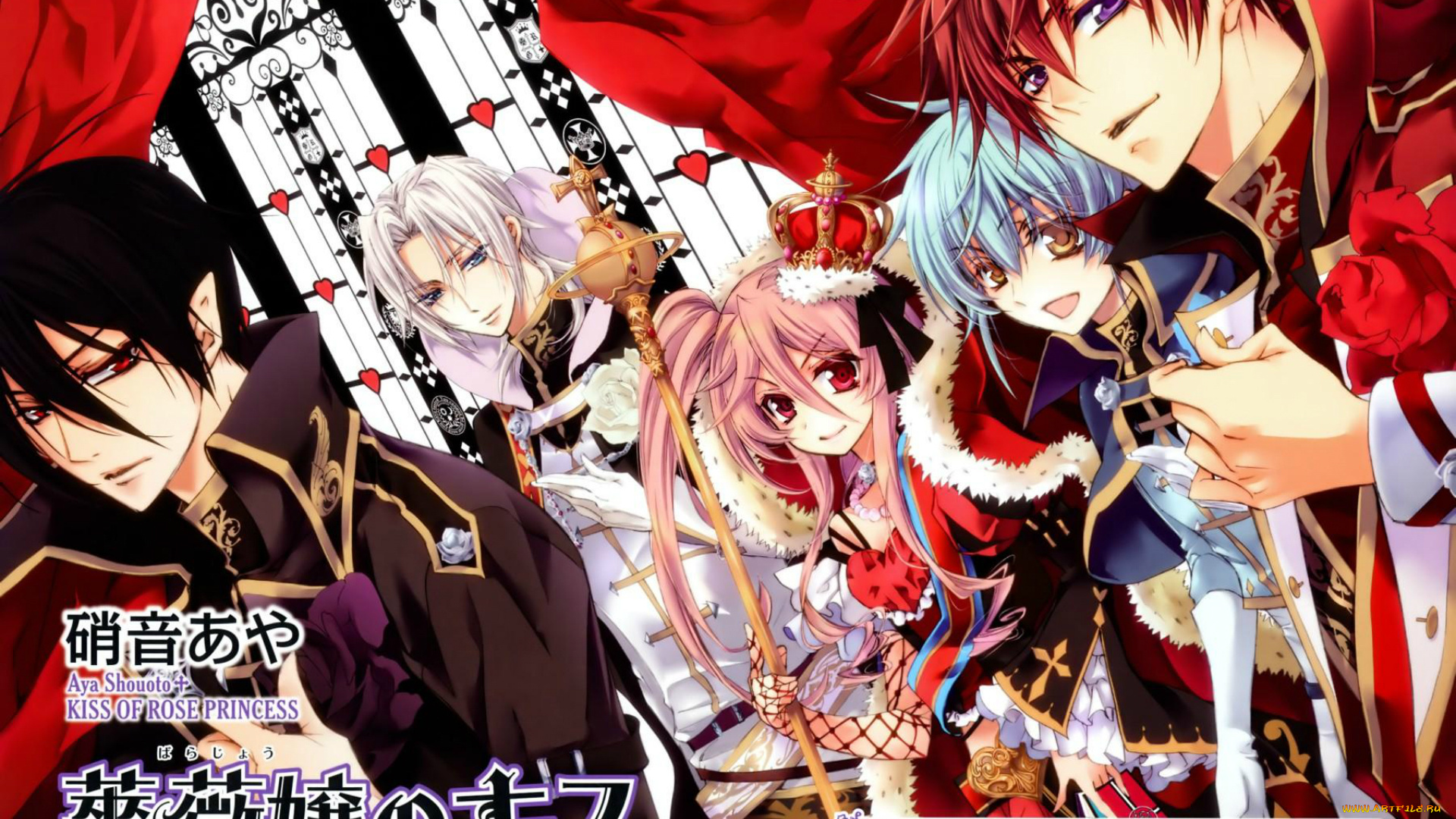 аниме, kiss, of, rose, princess, mutsuki, kurama, seiran, asagi, mitsuru, tenjoh, корона, мантия, окно, жезл, розы, kaede, higa, kiss, of, rose, princess, anise, yumamoto, aya, shouoto, art